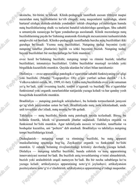 faol rivojlanadi — bola muayyan vaziyatdagi nutqdan kontekstli (mazmunli) nutqqa o‘tadi. bu esa asab tizimining faol ishlashini va kuchli psixik jarayonlarni talab qiladi. bu yoshda bola negativizm (qarshilik ko‘rsatish, rad etish) kabi holatlarni ko‘rsatishi mumkin. nutq tizimining haddan tashqari yuklanishi natijasida duduqlanish va boshqa nutq buzilishlari paydo bo‘lishi mumkin. bola muloqotdan bosh tortishi, o‘ziga tortilishi, norozilikni turli shakllarda namoyon qilishi mumkin. bunday duduqlanish holatini ba’zida “evolyutsion duduqlanish” deb ham atashadi, ya’ni bu bola yoshining o‘ziga xos bosqichi bilan bog‘liq. 3-tanqidiy davr (6–7 yosh) bu davrda aksariyat bolalar maktabga boradi va yozma nutqni o‘rganishni boshlaydi, bu esa psixikaga qo‘shimcha yuklama bo‘ladi. bolaga yuqori talablar qo‘yiladi, bu esa asab tizimining izdan chiqishiga, natijada esa duduqlanishga olib kelishi mumkin. ajratilgan davrlar nafaqat nutq buzilishlariga olib keluvchi omillarning mavjudligini oshirishi mumkin, balki ular mustaqil ravishda ham yuzaga kelishi mumkin. shuningdek, ular boshqa salbiy omillar bilan birgalikda ham mavjud bo‘lishi mumkin. nutq buzilishlariga olib keluvchi …