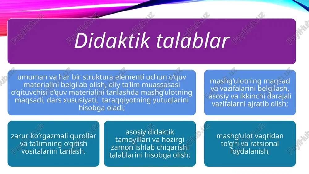 ardan tashkil etiladi: - oquvchilardan uy vazifalarini bajarishda ishtiyoq, xavas va qiziqishlarni oshirish. buning uchun uy vazifalarning maqsadi, ularning axamiyati o'quvchilarga tushuntiriladi. - uy vazifalarini bajarishni nazorat etish, bolalarni rag'batlantirish. - uy vazifalari asta-sekin murakkablashtirish, optimal qiyinligini taminlash va turlarini o'zgartirib borish. - uy vazifalarini bajarishi uchun gigiyenik talablarga javob beradigan sharoit yaratish. e’tiboringiz uchun rahmat image2.png image1.png /docprops/thumbnail.jpeg