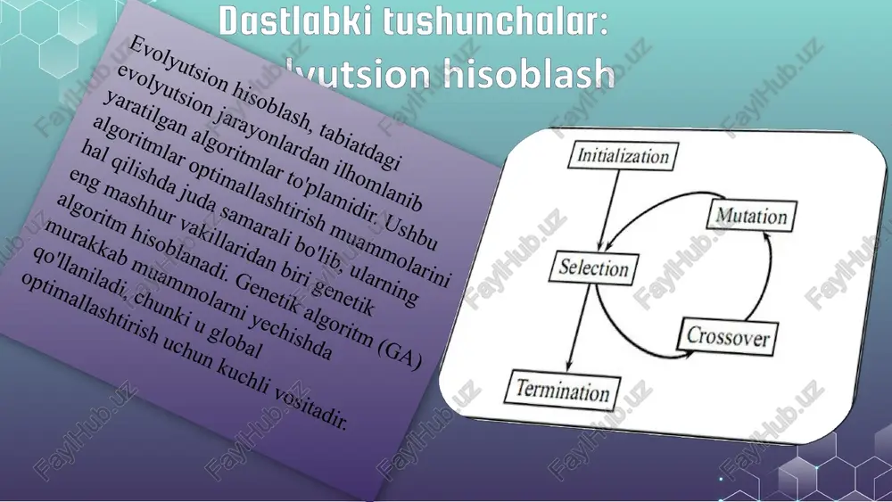 azifalari moslashuvchan boshqaruv muammolari o'yin o'ynash, masalan, o'yinlar uchun rivojlanayotgan strategiyalarda genetik algoritmlar turli sohalarda qo'llaniladi, jumladan: mutatsion test takroriy neyron tarmoq filtrlash va signalni qayta ishlash kodni buzish nima uchun genetik algoritmlardan foydalanish kerak? katta maydon holatida optimallashtirishni ta'minlang an'anaviy sun'iy intellektdan farqli o'laroq, ular kirishdagi ozgina o'zgarish yoki shovqin mavjudligida buzilmaydi ular mustahkam genetik algoritmning asosiy tushunchalari(operatorlari): xromosoma (yoki individ) muammoning mumkin bo'lgan yechimlaridan biri populyatsiya xromosomalar (mumkin bo'lgan yechimlar) to'plami gen bu odamdagi ma'lumotlarning bir qismi bit. mutatsiya shaxsning tasodifiy o'zgarishi avlod populyatsiyaning mavjud bo'lish bosqichi krossover tanlangan ikkita shaxsni birlashtirib, yangi avlod yaratish jarayonidir genetik algoritmning asosiy tushunchalari(operatorlari): gen, xromosoma, populyatsiya krossover mutatsiya mutatsiya mutatsiyalar dnk kodini yo'q qiladi va jonzotni buzilishiga kletiradi. mutatsiya halokatli va ba'zi hollarda hatto halokatli bo'lishi mumkin. biroq, genetik algoritmlarda, ba'zi (lekin tez-tez emas) hollarda mutatsiya ijobiy o'zgarishlarga olib keladi. mutatsiya ular, ayniqsa, populyatsiyadagi barcha shaxslar taxminan bir xil bo'lib qolganda …