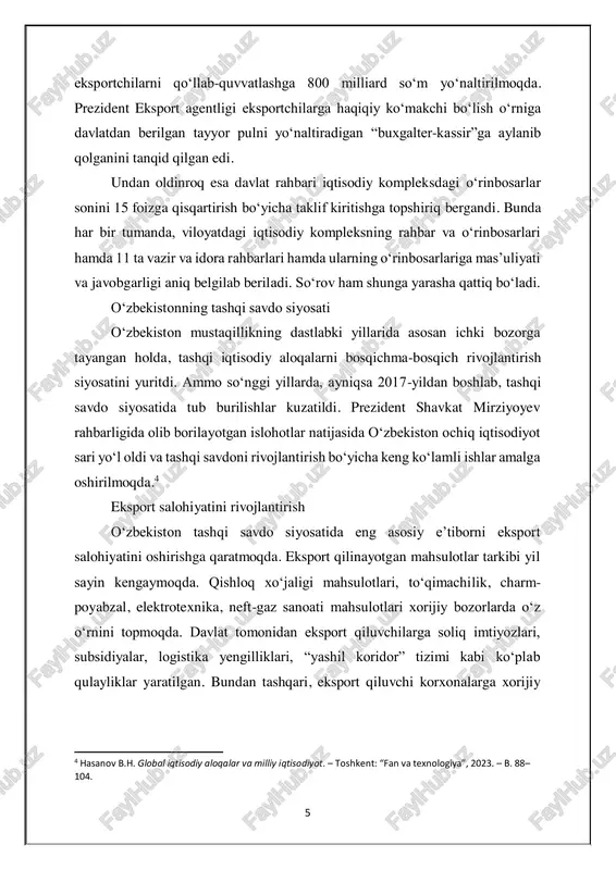 sodiyot. – toshkent: “fan va texnologiya”, 2023. – b. 88– 104. 6 ko‘rgazmalarda qatnashish, sertifikatlash va standartlashtirish tizimlarini joriy etishda amaliy yordam ko‘rsatilmoqda. importni tartibga solish va ichki ishlab chiqarishni himoya qilish o‘zbekiston hukumati importni to‘liq cheklash emas, balki uni iqtisodiy ehtiyojlar asosida tartibga solishga harakat qilmoqda. ayrim tovarlar uchun bojxona bojlari joriy etilgan bo‘lsa-da, bu chora-tadbirlar ichki ishlab chiqaruvchilarni himoya qilish va milliy sanoatni raqobatbardosh qilish maqsadida amalga oshirilmoqda. shu bilan birga, texnologik asbob-uskunalar, xom ashyolar va ilmiy uskunalar kabi strategik mahsulotlar importiga imtiyozlar berilmoqda. bu esa sanoatning texnik va texnologik jihatdan yangilanishiga xizmat qilmoqda. savdo sherikliklari va xalqaro integratsiya o‘zbekiston tashqi savdo siyosatining yana bir muhim yo‘nalishi – savdo sherikliklarini kengaytirish va xalqaro iqtisodiy integratsiyaga faol qo‘shilishdir. bugungi kunda o‘zbekiston dunyoning 180 dan ortiq davlati bilan savdo aloqalarini yo‘lga qo‘ygan. mdh davlatlari, xitoy, rossiya, turkiya, janubiy koreya, germaniya, baa kabi mamlakatlar o‘zbekistonning asosiy savdo hamkorlaridan hisoblanadi. shuningdek, o‘zbekiston …