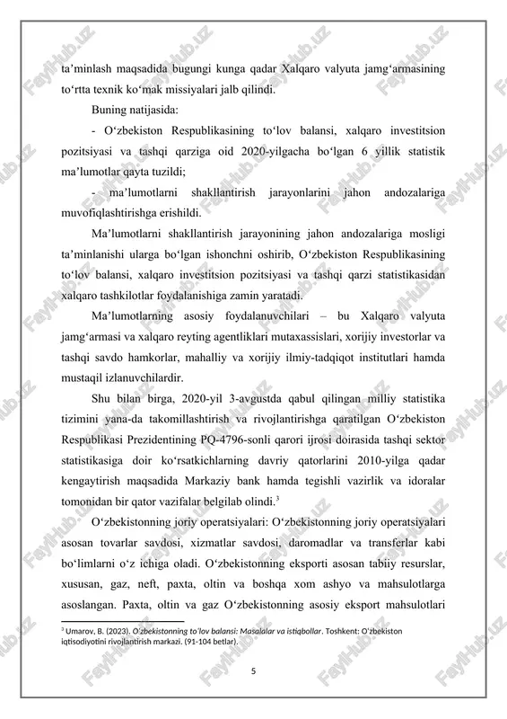 etlar). ] oʻzbekistonning joriy operatsiyalari: oʻzbekistonning joriy operatsiyalari asosan tovarlar savdosi, xizmatlar savdosi, daromadlar va transferlar kabi bo‘limlarni o‘z ichiga oladi. oʻzbekistonning eksporti asosan tabiiy resurslar, xususan, gaz, neft, paxta, oltin va boshqa xom ashyo va mahsulotlarga asoslangan. paxta, oltin va gaz oʻzbekistonning asosiy eksport mahsulotlari hisoblanadi. biroq, mamlakatning iqtisodiy siyosatidagi o‘zgarishlar va ishlab chiqarish sohasidagi diversifikatsiya, xizmatlar eksporti va boshqa mahsulotlar savdosini kengaytirishga imkon yaratmoqda. tovarlar savdosi: oʻzbekistonning tovarlar eksporti asosan tabiiy resurslarga asoslangan bo‘lsa-da, so‘nggi yillarda sanoat ishlab chiqarishining diversifikatsiyasi va qayta ishlash sanoati rivojlanishi eksport tarkibini kengaytirishga yordam bermoqda. mamlakat paxta, oltin, gaz va boshqa qimmatbaho minerallarni eksport qiladi, shu bilan birga, mashinasozlik va elektronika sanoatini rivojlantirishga intilmoqda. xizmatlar savdosi: xizmatlar savdosi oʻzbekistonda hozirgi vaqtda juda kichik o‘rin tutadi, ammo transport, turizm, moliyaviy xizmatlar va axborot texnologiyalariga bo‘lgan talabning o‘sishi bu bo‘limni rivojlantirish uchun katta imkoniyatlar yaratmoqda. xususan, oʻzbekistonning geosiyosiy joylashuvi, ya'ni markaziy osiyoda transport va logistika …