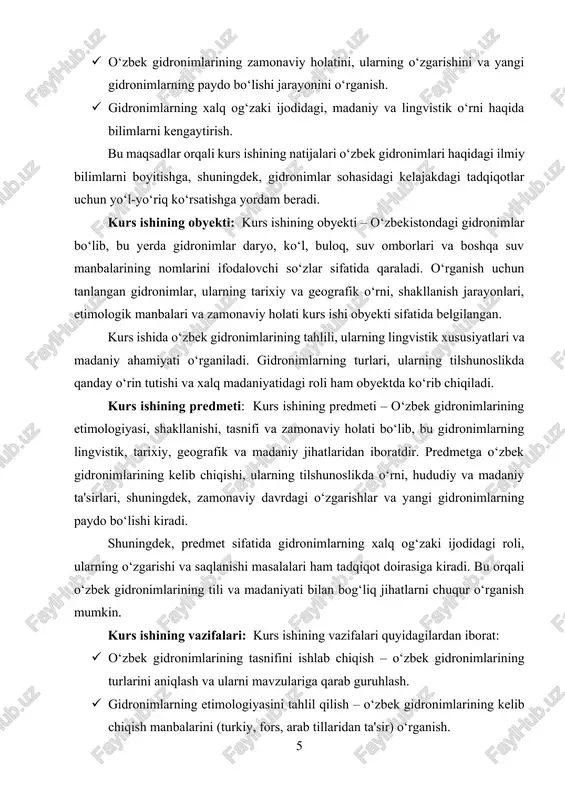 shi va mavjud gidronimlarning saqlanishi masalalarini o‘rganish. · gidronimlarning xalq og‘zaki ijodidagi rolini o‘rganish – gidronimlarning xalq she'riyatida, afsonalar, maqollar va boshqa og‘zaki ijodda qanday o‘rin tutishini aniqlash. kurs ishining nazariy ahamiyati: kurs ishining nazariy ahamiyati, o‘zbek gidronimlarining etimologiyasi, tasnifi, shakllanishi va madaniy ahamiyatini o‘rganishda yotadi. tadqiqot natijalari nafaqat gidronimlar haqidagi bilimlarni kengaytiradi, balki onomastika sohasida ham yangi ilmiy yondashuvlar va tahlil metodlarini ishlab chiqishga yordam beradi. bu ish orqali o‘zbek tilining gidronimlar bilan bog‘liq jihatlari, shu jumladan, suvlarga oid nomlar va ularning xalq madaniyati bilan aloqasi to‘g‘risida yanada to‘liq va mukammal ilmiy ma'lumotlar olish mumkin. tadqiqot o‘zbek gidronimlarining o‘ziga xos xususiyatlarini ko‘rsatib, ularning tarixiy va lingvistik o‘rni, o‘zgarish tendensiyalarini, shuningdek, ularning madaniy ahamiyatini yaxshiroq tushunishga imkon beradi.[footnoteref:3] [3: "o‘zbekiston respublikasi hududidagi tarixiy va madaniy obidalarni muhofaza qilish va ulardan foydalanish tizimini takomillashtirish to‘g‘risida"gi pq-4456-sonli qaror. sanasi: 2020 yil 24-noyabr ] kurs ishining tuzilmasi: tadqiqot quyidagi bo‘limlardan iborat: ikki bob …