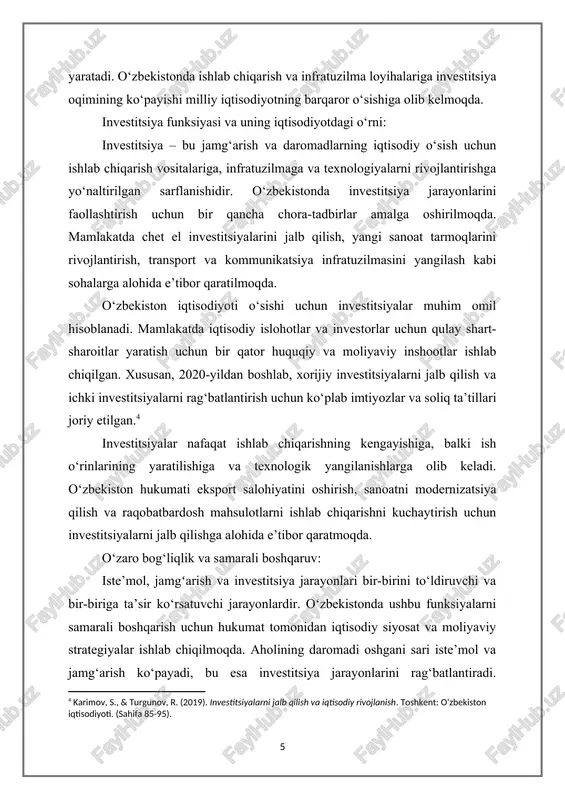 h va ichki investitsiyalarni rag‘batlantirish uchun ko‘plab imtiyozlar va soliq ta’tillari joriy etilgan.[footnoteref:4] [4: karimov, s., & turgunov, r. (2019). investitsiyalarni jalb qilish va iqtisodiy rivojlanish. toshkent: o‘zbekiston iqtisodiyoti. (sahifa 85-95). ] investitsiyalar nafaqat ishlab chiqarishning kengayishiga, balki ish o‘rinlarining yaratilishiga va texnologik yangilanishlarga olib keladi. o‘zbekiston hukumati eksport salohiyatini oshirish, sanoatni modernizatsiya qilish va raqobatbardosh mahsulotlarni ishlab chiqarishni kuchaytirish uchun investitsiyalarni jalb qilishga alohida e’tibor qaratmoqda. o‘zaro bog‘liqlik va samarali boshqaruv: iste’mol, jamgʻarish va investitsiya jarayonlari bir-birini to‘ldiruvchi va bir-biriga ta’sir ko‘rsatuvchi jarayonlardir. o‘zbekistonda ushbu funksiyalarni samarali boshqarish uchun hukumat tomonidan iqtisodiy siyosat va moliyaviy strategiyalar ishlab chiqilmoqda. aholining daromadi oshgani sari iste’mol va jamg‘arish ko‘payadi, bu esa investitsiya jarayonlarini rag‘batlantiradi. o‘zbekistonda aholi daromadlarining ortishi, bank tizimining takomillashishi va davlat tomonidan qabul qilingan iqtisodiy islohotlar ushbu jarayonlarni yanada samarali qilishga xizmat qilmoqda. ko‘rsatkich 2019-yil 2020-yil 2021-yil 2022-yil 2023-yil izohlar yalpi ichki mahsulot (yim) 5.8% -0.2% 7.4% 5.6% 5.2% o‘zbekiston …