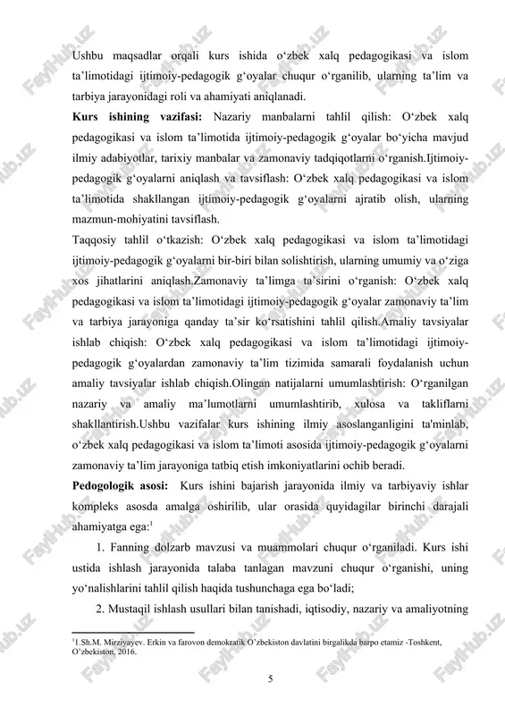 chuqur o‘rganishi, uning yo‘nalishlarini tahlil qilish haqida tushunchaga ega bo‘ladi; 2. mustaqil ishlash usullari bilan tanishadi, iqtisodiy, nazariy va amaliyotning dolzarb masalalarini yozma bayon qilish usullarini o‘rganadi; 3. bibliograﬁya tuzish, statistik to‘plamlardan foydalanish, mavzular bo‘yicha konspekt tuzish, tavsiyalaridan kelib chiqib, rasmiylashtiriladi; 4. huquqiy me’yoriy hujjatlarni amaliyotda tadbiq qilinishini o‘rganadi. kurs ishining tarkibiy tuzilishi: a) titul varag‘i; b) mundarija; v) kirish; g) asosiy kism; d) umumiy xulosa; e) foydalanilgan adabiyotlar ro‘yxati; j) ilovalar i.bob. islom ta’limotida ta’lim-tarbiya masalalarining ifodalanishi 1. “qur’oni karim”, “xadisu sharif”larda ijtimoiy pedagogik g‘oyalarning o‘rni va ahamiyati. islom tavhidlik dini, ya’ni uning mazmuni yagona xudo — ollohga iymon keltirishdir. budinningasoschisi muhammad s.a.v. (570—632) musulmonlar tomonidan paygambar, ya’ni allohning elchisi, deb e’zozlanadi. islom dinining muqaddas kitobi — qur’oni karimdir. qur’on matni vii asrda yozilgan. xalifa usmon davrida qur’on yagona kitob shakliga keltirilgan va uning boshqa barcha matnlari yo’q qilingan. qur’on 114 suradan iborat. oddiy musulmon qur’onning murakkab suralarini faqatgina …