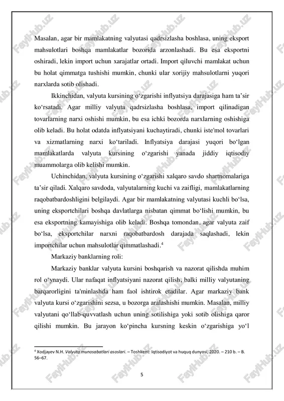 umkin. bu jarayon ko‘pincha kursning keskin o‘zgarishiga yo‘l 4 xodjayev n.h. valyuta munosabatlari asoslari. – toshkent: iqtisodiyot va huquq dunyosi, 2020. – 210 b. – b. 56–67. 6 qo‘ymaslik va iqtisodiy tizimning barqarorligini saqlash maqsadida amalga oshiriladi. shu bilan birga, markaziy banklar valyuta kursini boshqarish uchun valyuta zaxiralarini ham ishlatadilar. ular valyuta bozorida o‘zaro tenglikni saqlash uchun zaxiralardan foydalanishlari mumkin. bu strategiya ayniqsa xalqaro bozorlarda katta o‘zgarishlar yuz berayotganda foydalidir. o‘zbekiston va valyuta kursi: o‘zbekiston iqtisodiyoti valyuta kursiga nisbatan ancha sezgir. davlat valyutasi – so‘m, 2017-yilgi iqtisodiy islohotlar natijasida erkin bozor mexanizmlariga asoslangan kurs tizimiga o‘tgan. bu islohotlar o‘zbekistonning xalqaro savdo aloqalarini kengaytirishga, investitsiyalarni jalb qilishga va iqtisodiy barqarorlikni ta'minlashga qaratilgan edi. o‘zbekistonda valyuta kursining shakllanishi va boshqarilishi, shuningdek, valyuta zaxiralari va markaziy bankning roli katta ahamiyatga ega. 2017-yilgi islohotlar davrida so‘mning erkin kursga o‘tishi, bir tomondan, inflyatsiyani oshirishga olib kelgan bo‘lsa, boshqa tomondan, o‘zbekistonning eksport qobiliyatini yaxshilashga va xalqaro …