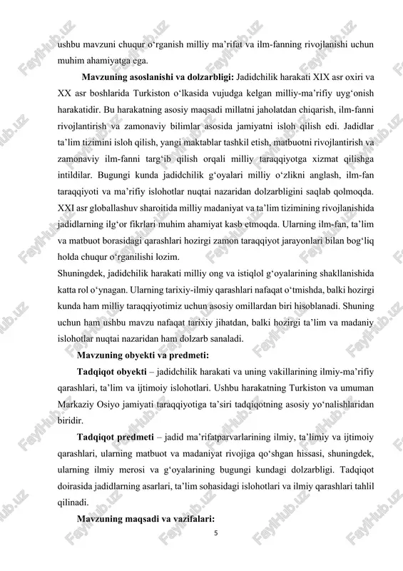 tahlil qilish hamda ularning jamiyat rivojiga ta’sirini yoritish. tadqiqotning vazifalari: · jadidchilik harakatining vujudga kelish sabablari va tarixiy asoslarini o‘rganish; · jadidlarning ilmiy-ma’rifiy faoliyati va ularning asosiy g‘oyalarini tahlil qilish; · jadid maktablari va ta’lim tizimiga kiritgan islohotlarini o‘rganish; · jadidlarning ilm-fan rivojiga qo‘shgan hissasi va ularning ilmiy merosini tahlil qilish; · ularning matbuot va adabiyot orqali jamiyat taraqqiyotiga qo‘shgan hissasini ko‘rsatish; · jadidchilik harakatining bugungi kundagi ahamiyatini aniqlash va uning milliy taraqqiyotga ta’sirini baholash. ushbu maqsad va vazifalar orqali jadidlarning tarixiy-ilmiy qarashlarini chuqur tahlil qilish va ularning hozirgi kundagi dolzarbligini yoritish rejalashtiriladi. mavzuning o‘rganilish darajasi (adabiyotlar tahlili): jadidchilik harakati va uning ilmiy-ma’rifiy qarashlari tarixchi, adabiyotshunos va siyosatshunos olimlarning diqqat markazida bo‘lib kelgan. ushbu mavzu bo‘yicha turli davrlarda tadqiqotlar olib borilgan bo‘lsa-da, jadidchilikning ilmiy-nazariy asoslari va hozirgi kundagi dolzarbligi hanuzgacha keng tahlil qilinishi lozim bo‘lgan yo‘nalishlardan biri hisoblanadi. sovet davrida olib borilgan tadqiqotlar: sovet davrida jadidchilik harakati aksariyat hollarda tanqidiy …
