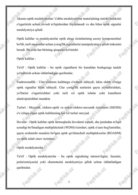 larning muhim tarkibiy qismi bo'lib, bir nechta optik kanallarni o'zaro ulash imkonini beradi va murakkab tarmoq topologiyalarini ta'minlaydi. to'lqinli optik aloqa tarmoqlarida optik modulyatorlar : 1. ma'lumotlarni kodlash : optik modulyatorlar ma'lumotlarni optik tolalar orqali uzatishni osonlashtiradigan optik tashuvchi to'lqinlarga kodlash uchun ishlatiladi. 2. signal yaxlitligi : optik signallarning intensivligini, fazasini yoki polarizatsiyasini nazorat qilish orqali modulyatorlar signal sifati va yaxlitligini saqlashga yordam beradi va ishonchli ma'lumotlarni uzatishni ta'minlaydi. 3. yuqori tezlikdagi aloqa : optik modulyatorlar zamonaviy aloqa tarmoqlari uchun zarur bo'lgan ultra tez tezlikda katta hajmdagi ma'lumotlarni uzatishni qo'llab-quvvatlovchi optik signallarning yuqori tezlikdagi modulyatsiyasini ta'minlaydi. 4. kengaytirilgan modulyatsiya sxemalari : kvadrat amplitudali modulyatsiya (qam) kabi ilg'or modulyatsiya sxemalari ma'lumotlar tezligini va spektral samaradorlikni oshirish imkonini beruvchi optik modulyatorlar yordamida amalga oshirilishi mumkin. xulosa qilib aytganda, optik kalitlar va modulyatorlar to'lqinli optik aloqa tarmoqlarida ajralmas komponentlar bo'lib, optik signallarni samarali boshqarish, boshqarish va uzatish uchun zarur funktsiyalarni ta'minlaydi. ular optik …