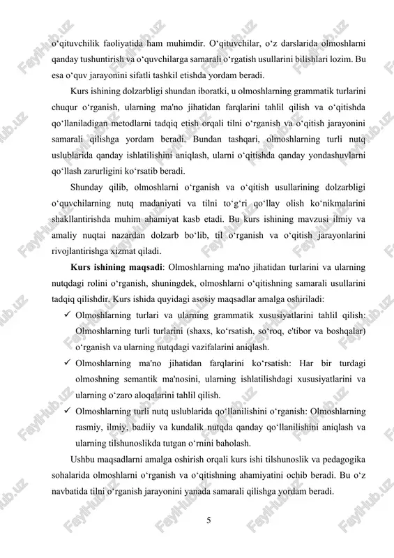 agi qo‘llanilishi, shuningdek, olmoshlarni o‘qitish usullaridir. kurs ishida olmoshlarning grammatik va semantik turlari tahlil qilinadi, ularning o‘quv jarayonidagi roli, nutq uslublariga ta'siri va o‘qitish metodlari o‘rganiladi. bu ish, shuningdek, olmoshlarning turli ijtimoiy, ilmiy va badiiy nutqlarda qo‘llanilishini va o‘qitishdagi samarali usullarni ishlab chiqishni o‘z ichiga oladi. kurs ishining predmeti. olmoshlarning ma'no jihatidan turlari, ularning nutqdagi funksiyalari va o‘qitish usullari. kurs ishida olmoshlarning turli turlarining (shaxs, ko‘rsatish, so‘roq, e'tibor va boshqalar) semantik va grammatik xususiyatlari, ularning o‘zaro aloqalari, shuningdek, olmoshlarni o‘qitishda qo‘llaniladigan metodlar va yondashuvlar tadqiq qilinadi. predmet sifatida olmoshlarning tilshunoslikdagi roli va pedagogik jihatlari o‘rganiladi, bu esa olmoshlarni samarali o‘rgatish va ulardan to‘g‘ri foydalanish imkoniyatlarini yaratadi. kurs ishining vazifalari: ushbu kurs ishining quyidagi asosiy vazifalari mavjud: · olmoshlarning grammatik turlarini tahlil qilish: olmoshlarning shaxsiy, ko‘rsatish, so‘roq, e’tibor va boshqa turlarini aniqlash, ularning ma'no va grammatik jihatlarini o‘rganish. · olmoshlarning nutqdagi funksiyalarini o‘rganish: olmoshlarning gap qurilishidagi roli, ularning nutqdagi vazifalari va …