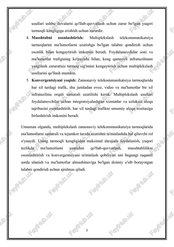 qo'llab-quvvatlash uchun zarurdir. optik spektrdan samarali foydalanish: to'lqin uzunligini bo'linish multipleksatsiyasi (wdm) turli xil to'lqin uzunlikdagi yorug'lik yordamida turli xil ma'lumotlar oqimlarini uzatish imkonini beradi, optik spektrni bir nechta kanallarga samarali ajratadi. bu mavjud optik spektrdan samarali foydalanish, optik tolali tarmoqlarning sig‘imini maksimal darajada oshirish, signal shovqinini va kanallar orasidagi o‘zaro aloqani minimallashtirish imkonini beradi. keyingi avlod texnologiyalarini qo'llab-quvvatlash: optik multiplekslash 5g simsiz tarmoqlari, ma'lumotlar markazlari o'zaro ulanishlari va yuqori unumdorlikdagi hisoblash kabi rivojlanayotgan texnologiyalarni qo'llab-quvvatlash uchun zarurdir. ushbu texnologiyalar real vaqtda xizmatlarni taqdim etish va katta hajmdagi ma'lumotlar trafigini boshqarish uchun yuqori tezlikdagi, past kechikishli ulanishni talab qiladi. optik multiplekslash ushbu yangi avlod ilovalarining talabchan talablariga javob beradigan zarur infratuzilmani ta'minlaydi. xulosa qilib aytadigan bo'lsak, zamonaviy telekommunikatsiya tarmoqlarida yuqori tezlikdagi ma'lumotlarni uzatishga erishish uchun optik multiplekslash ajralmas hisoblanadi. uning tarmoqli kengligidan foydalanish, masshtablilik, maʼlumotlar uzatish tezligi, spektrdan samarali foydalanish va yangi avlod texnologiyalarini qoʻllab-quvvatlash qobiliyati uni raqamli iqtisodiyot va …