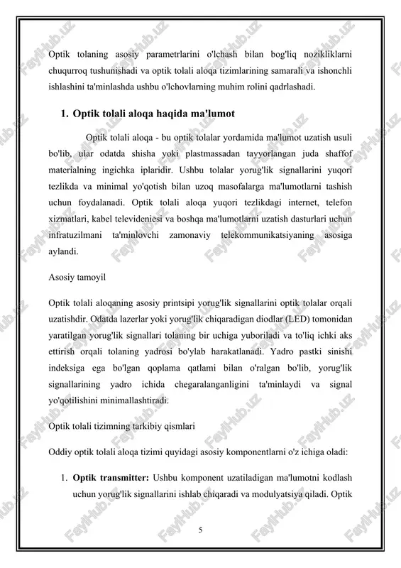 agi mumkin bo'lgan muammolar yoki anomaliyalarni erta aniqlashga yordam beradi, muammolarni o'z vaqtida bartaraf etish va texnik xizmat ko'rsatish imkonini beradi. bu ishlamay qolish vaqtini kamaytirishga, ta'mirlash xarajatlarini kamaytirishga va xizmatlarning uzluksiz mavjudligini ta'minlashga yordam beradi. xulosa qilib aytadigan bo'lsak, optik tolali aloqa ma'lumotlarni uzatish va qabul qilish usulini inqilob qilib, uzoq masofalarga ishonchli, yuqori tezlikda va samarali ma'lumotlarni uzatish vositalarini taklif qildi. texnologiyaning davom etayotgan rivojlanishi bilan optik tolali aloqa global aloqa tarmoqlarining kelajagini shakllantirishda hal qiluvchi rol o'ynashda davom etmoqda.nachalo formi 2. asosiy parametrlarni o'lchashning ahamiyati optik tolaning asosiy parametrlarini aniq o'lchash optik tolali aloqa tizimlarining optimal ishlashi, ishonchliligi va samaradorligini ta'minlash uchun juda muhimdir. ushbu o'lchovlar optik tolali tarmoqning sifati, yaxlitligi va imkoniyatlari haqida qimmatli tushunchalarni beradi, bu operatorlar va muhandislarga muammolarni tashxislash, tizim dizaynini optimallashtirish va yuqori ishlash standartlarini saqlab qolish imkonini beradi. quyida optik tolaning asosiy parametrlarini o'lchash muhimligini ta'kidlaydigan bir necha asosiy sabablar keltirilgan: …