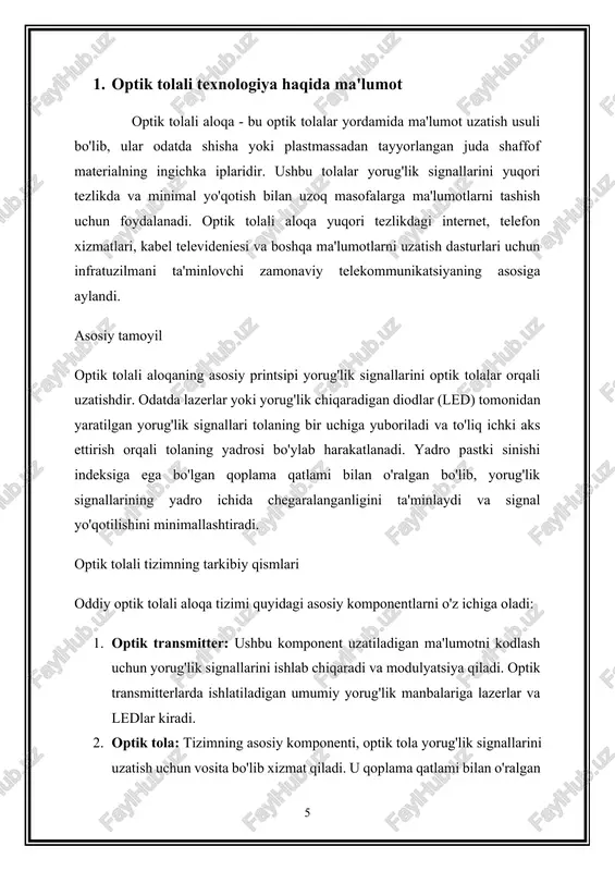 xarajatlarini kamaytirishga va xizmatlarning uzluksiz mavjudligini ta'minlashga yordam beradi. xulosa qilib aytadigan bo'lsak, optik tolali aloqa ma'lumotlarni uzatish va qabul qilish usulini inqilob qilib, uzoq masofalarga ishonchli, yuqori tezlikda va samarali ma'lumotlarni uzatish vositalarini taklif qildi. texnologiyaning davom etayotgan rivojlanishi bilan optik tolali aloqa global aloqa tarmoqlarining kelajagini shakllantirishda hal qiluvchi rol o'ynashda davom etmoqda.nachalo formi 2. fizik parametrlarni tushunishning ahamiyati optik tolaning jismoniy parametrlarini tushunish optik tolali aloqaning turli jihatlari uchun dizayn va o'rnatishdan foydalanish va texnik xizmat ko'rsatishgacha juda muhimdir. ushbu parametrlar aloqa tarmoqlarining sifati, ishonchliligi va samaradorligiga ta'sir qiluvchi optik tolalarning xatti-harakati, ishlashi va cheklovlari haqida qimmatli tushunchalarni beradi. optik tolaning jismoniy parametrlarini tushunish muhimligini ta'kidlaydigan ba'zi asosiy sabablar: 1. tarmoq unumdorligini optimallashtirish · signal sifati va yaxlitligi: zaiflashuv, dispersiya va polarizatsiya xususiyatlari kabi parametrlarni bilish muhandislarga optik tolali tarmoqlarning dizayni va konfiguratsiyasini optimallashtirish imkonini beradi, bu esa uzoq masofalarga yuqori sifatli, ishonchli ma'lumotlarni uzatishni ta'minlaydi. · …