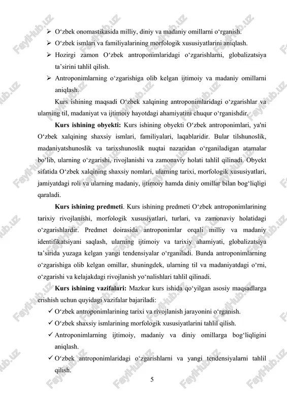 o‘yicha takliflar ishlab chiqish. kurs ishining nazariy ahamiyati: kurs ishining nazariy ahamiyati oʻzbek antroponimlarining o‘rganilishi orqali oʻzbek onomastikasining ilmiy asoslarini rivojlantirishda namoyon bo‘ladi. antroponimlar tilshunoslikda, madaniyatshunoslikda va tarixshunoslikda mustahkam o‘rin tutadi, chunki ular xalqning madaniy va tarixiy yodgorliklari sifatida milliy identifikatsiyani shakllantirishda muhim ahamiyatga ega. shuningdek, zamonaviy ijtimoiy jarayonlar va globalizatsiya ta’siri ostida oʻzbek ismlari va familiyalarining o‘zgarishlarini o‘rganish, milliy madaniyatni saqlash va rivojlantirish uchun zarur. ushbu ish onomastikaning nazariy asoslarini mustahkamlash va oʻzbek xalqining ismlari va familiyalarining o‘zgarishini ilmiy jihatdan tahlil qilishda katta ahamiyatga ega bo‘ladi.[footnoteref:2] [2: o‘zbekiston respublikasi prezidentining 2021-yil 6-apreldagi pq-5147-sonli qarori. o‘zbekiston respublikasida yangi o‘zbek alifbosining joriy etilishi va uning asosida ta’lim, ilm-fan va madaniyat sohalarida amalga oshiriladigan tadbirlar. toshkent: o‘zbekiston respublikasi prezidentining qarori, 2021. – 55-70 betlar. ] kurs ishining tuzilmasi: tadqiqot quyidagi bo‘limlardan iborat: ikki bob , 6 ta bo‘lim , xulosa , foydalanilgan adabiyotlar va foydalanilgan saytlardan iborat. i bob. tarixiy rivojlanish 1.1. …