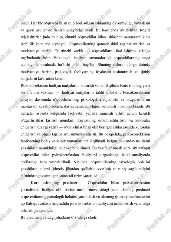 am va qo‘llab-quvvatlashga muhtoj bo‘lgan o‘quvchilar, ularning yoshi, psixologik holati, ijtimoiy muammolari va rivojlanish ehtiyojlari. psixokorrektsion faoliyat: o‘quvchilarning psixologik holatini yaxshilash va muammolarini bartaraf etishga qaratilgan turli psixologik usullar, dasturlar va jarayonlar. ta’lim muassasalari: psixokorrektsion faoliyat o‘tkaziladigan muassasalar, masalan, maktablar yoki kollejlar, ularning muhitlari va sharoitlari. psixologik diagnostika usullari: o‘quvchilarning psixologik holatini aniqlash uchun qo‘llaniladigan testlar, anketalar va boshqa diagnostika vositalari. psixologik yordam ko‘rsatish strategiyalari: o‘quvchilarga yordam berish va ularning rivojlanishini qo‘llab-quvvatlash uchun ishlab chiqilgan psixologik dasturlar, mashg‘ulotlar va sessiyalar. kurs ishining tuzilishi. ushbu kurs ishi kirish, 2 bob, 6 ta bo’lim, xulosa, takliflar va foydalanilgan adabiyotlar hamda ilovalar ro’yxatidan iborat. 7 i bob. psixokorrektsion faoliyat tushunchasi 1.1 psixokorrektsion faoliyatning ta'rifi psixokorrektsion faoliyat — bu o‘quvchilarning psixologik holatini yaxshilash, psixologik muammolarini bartaraf etish va ularning ijtimoiy moslashuvini qo‘llab-quvvatlash maqsadida tashkil etilgan tizimli jarayondir. bu faoliyat turli metodlar va yondashuvlar orqali amalga oshiriladi va ko‘pincha mutaxassislar, masalan, psixologlar yoki pedagoglar tomonidan …