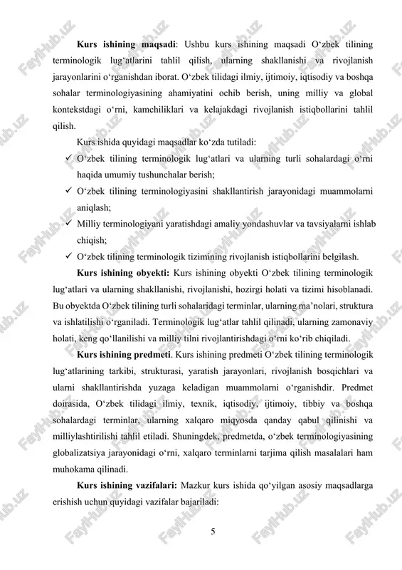 ahlil qilish. · terminologik lug‘atlarning shakllanish jarayonini o‘rganish. o‘zbek tilida terminologik tizimni yaratish va uni rivojlantirishning tarixiy va amaliy jihatlarini o‘rganish. · o‘zbek tilining terminologik tizimiga ta’sir etuvchi omillarni aniqlash. globalizatsiya, ilmiy-texnikaviy taraqqiyot va madaniy o‘zgarishlarning o‘zbek terminologiyasiga qanday ta’sir ko‘rsatishini tahlil qilish. kurs ishining nazariy ahamiyati: ushbu kurs ishi o‘zbek tilining terminologik tizimini o‘rganish orqali tilshunoslik va lingvistika sohalarida yangi nazariy yondashuvlarni taqdim etadi. kurs ishida o‘zbek tilining terminologiyasi va lug‘atlarini shakllantirish jarayonlarini tahlil qilish, uning zamonaviy ilmiy va amaliy ahamiyatini yoritish, milliy terminologiyani yaratishdagi metodologik yondashuvlarni ishlab chiqish nazariy jihatdan muhim ahamiyatga ega. bu ish, tilshunoslikdagi mavjud nazariy kontseptualarga yangiliklar kiritishga, terminologiyaning nazariyasini to‘liqroq tushunishga va uning rivojlanishiga yo‘l ochishga yordam beradi. nazariy ahamiyati shundaki, kurs ishining tahlil qilish jarayoni va takliflari o‘zbek tilining ilmiy taraqqiyotida, o‘zbek tilining bo‘lajak rivojlanish strategiyasini ishlab chiqishda va terminologik tizimning shakllanishida muhim o‘rin tutadi. bu ish, sohada keyingi ilmiy tadqiqotlar uchun asos …