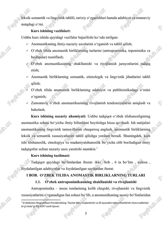 analari bilan bog‘liq. · islom dinining ta’siri – vii–viii asrlarda movarounnahrga islom dini kirib kelishi bilan arabcha ismlar keng tarqala boshlagan. masalan, muhammad, abdulloh, umar, karim, hasan, husayn kabi ismlar diniy manbalardan olingan. · eron va fors-madaniy ta’siri – o‘zbek xalqining tarixiy aloqalari tufayli forscha ismlar ham keng tarqalgan. masalan, rustam, bahrom, shirin, firdavs kabi ismlar. o‘zbek antroponimikasining tarixiy rivojlanishi o‘zbek antroponimikasining rivojlanishini quyidagi asosiy bosqichlarga bo‘lish mumkin: · qadimiy turkiy davr (miloddan avvalgi iv asr – milodiy x asr) · bu davrda inson ismlari asosan tabiat hodisalari, hayvonlar va qudratli kuchlarga bog‘liq bo‘lgan. · masalan, bo‘ribek, qaplan, to‘ng‘ich, oybek kabi ismlar. · shaxsiy ismlar bilan bir qatorda laqab va unvonlar ham ismlar sifatida qo‘llanilgan: elbek, shodmon, bahodir. · islom davri (ix–xix asrlar) · islom dini ta’sirida arabcha va forscha ismlar keng tarqalgan. · qur’onda tilga olingan ismlar (muhammad, ali, husayn, umar) ommaviylashgan. · shuningdek, arabcha va forscha so‘zlar bilan …