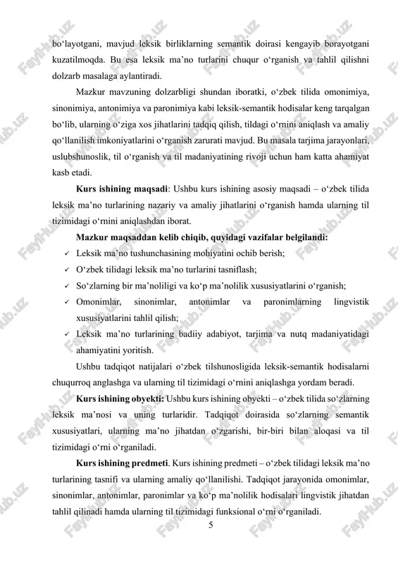 nimlar, sinonimlar, antonimlar va paronimlarning o‘ziga xos lingvistik xususiyatlarini tadqiq qilish; · leksik ma’no turlarining badiiy, ilmiy va publitsistik uslublardagi qo‘llanilishiga misollar orqali izoh berish; · leksik ma’no turlarining tarjima jarayonlaridagi o‘rni va ahamiyatini yoritish; · tadqiqot natijalarini umumlashtirib, xulosalar chiqarish. kurs ishining nazariy ahamiyati: ushbu tadqiqot natijalari o‘zbek tilshunosligi doirasida leksik-semantik hodisalarni chuqurroq o‘rganishga xizmat qiladi. leksik ma’no turlarining tasnifi va xususiyatlarini ilmiy nuqtayi nazardan tahlil qilish natijasida tilshunoslikka oid nazariy bilimlar kengayadi. shuningdek, kurs ishi tilshunoslik va semantika sohalarida olib boriladigan keyingi tadqiqotlar uchun ilmiy asos bo‘lib xizmat qiladi. kurs ishining tuzilmasi: tadqiqot quyidagi bo‘limlardan iborat: ikki bob , 6 ta bo‘lim , xulosa , foydalanilgan adabiyotlar va foydalanilgan saytlardan iborat. i bob. leksik ma’no tushunchasi va uning tahlili 1.1. leksik ma’no tushunchasi va uning tilshunoslikdagi o‘rni tilshunoslikda so‘zlarning semantik jihatlarini o‘rganish muhim yo‘nalishlardan biri hisoblanadi. so‘zning ma’nosi uning leksik xususiyatlarini belgilovchi asosiy omillardan biri bo‘lib, u so‘z …