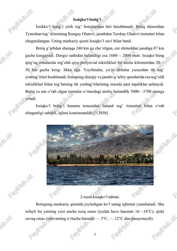 iga 7 sm ga pasayib bormoqda. shuning uchun ko‘lga uning qo‘shni daryolar suvini yo‘naltirish muammosi ko‘tarilmoqda. issiqko‘l botiqning tuproq va o‘simlik qoplami har xildir.uning g’arbiy qismi va unga qaragan yonbag’irlarida cho‘l xususiyatiga ega shuvoq-sho‘ra o‘simliklari o‘sadi, faqat daryolar bo‘ylarida o‘tloqlar va butazorlar uchraydi. botiqning sharqiy qismida esa dasht o‘simliklari va har joy-har joyda tyanshan qora- qarag’aylari tarqalgan. botiqning bu qismidagi katta maydonlar haydalib, ekin maydonlariga aylantirilgan. 3-rasm.issiqko‘l ko‘li. botiq tabiiy resurslarga ham boydir. uning sharqiy qismida toshko‘mir koni ochilgan, qurilish materiallari ko‘p. bu yerda bir qancha (jettio‘g’uz, oqsuv) issiq va termal buloqlar bo‘lib, ularda davolanish muassasalari tashkil etilgan.[1;387b] farg’ona botig’i farg’ona o‘rta osiyoning tog’li qismidagi eng yirik botiq hisoblanadi. uning umumiy tuzilishi ellips (bodomsimon) ko‘rinishga ega bo‘lib, g’arbdan sharqda kengayib boradi. uzunligi 370 km, o‘rtacha kengligi 60—120 km.g’arbiy qismida botiq ancha tor «xo‘jand darvozasi» orqali toshkent—mirzacho‘l botig’i bilan tutashgan. eng keng joyi 190 km ga yetadi. botiqning dengiz sathidan balandligi …