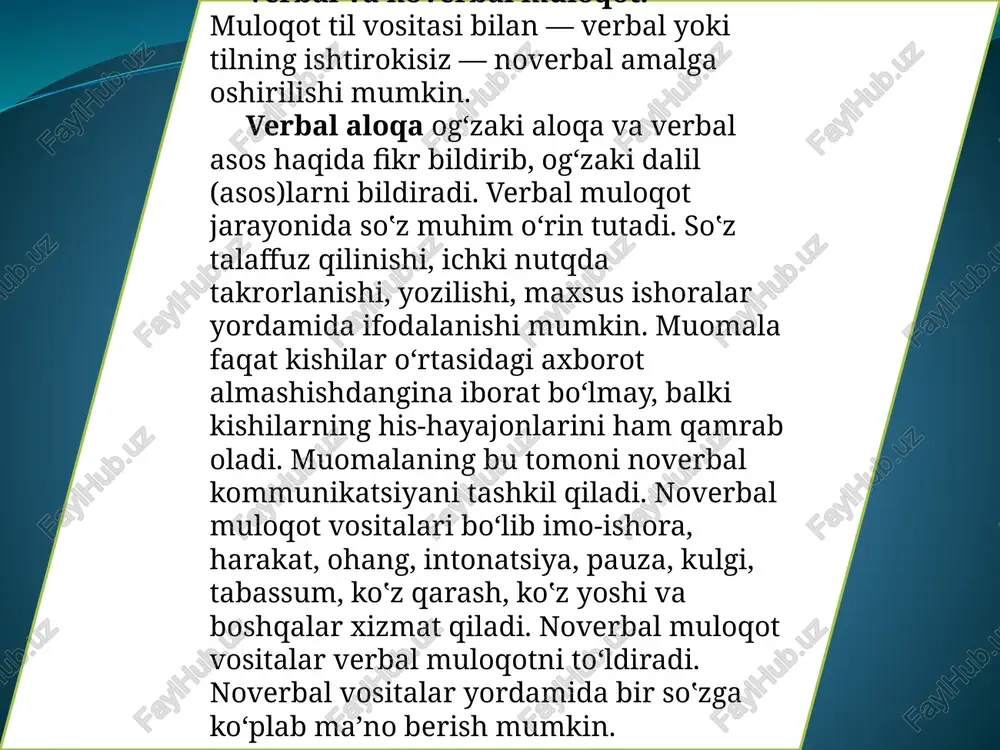 qo‘ng‘iroqlarida, og'zaki xabarlar (masalan, kompaniya prezidenti nutqi) turli joylarga bir vaqtning o'zida yetkazilishi mumkin. telekonferensiyaning afzalliklari: 1.foydalanish uchun qulay. 2.oson erishib bo‘ladigan. 3.dunyodagi har qanday telefon liniyasidan qatnashsa bo‘ladi. 4.konferens qo‘ng‘iroqlarini tuzish uchun faqatgina bir necha daqiqa ketadi. 5.harajatlar, energiya va vaqt tejaladi. telekonferensiyaning kamchiliklari: l.telekonferensiyaning asosiy cheklovi odamlar o‘rtasidagi yuzma-yuz faoliyatning o‘rnini bosa olmaydi. 2.odamlar yuzma-yuz faoliyatni afzal ko‘rgan holda telekonferensiya haqiqiy maqsadga xizmat qilmaydi. videokonferensiya. u to‘liq interaktiv va deyarli yuzma-yuz yig‘ilishlarga o‘xshash bo'ladi. ishlatilgan texnologiyaning darajasiga qarab interaktiv tarzda ikki joyni bog‘lashi mumkin yoki videoni uzatish saytlari ko ‘pchilik saytlarga ko‘rinishi (imiji) uzatilishi mumkin. muloqot texnikasi haqida ma’lumot muloqot texnikasi tug'ma iste’dod yoki nasldan naslga o‘tuvchi xususiyat emas. balki izlanish, ijodiy mehnat mahsulidir. ushbu faoliyat zaminida ijodiy mehnat yotadi. shuning uchun ham muloqot mahorati hamma uchun standart, ya’ni bir qolipdagi ish usuli emas, balki u har bir kishining o'z ustida ishlashi, ijodiy mehnati jarayonida tashkil topadi va …