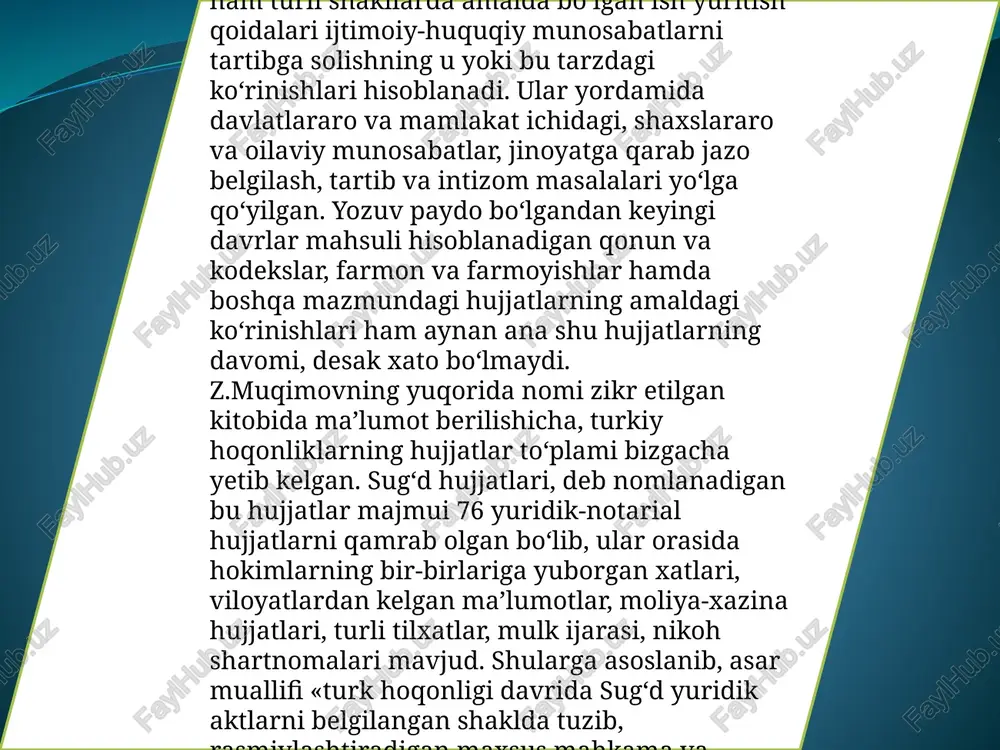 rini qamrab oluvchi tashkiliy hujjatlarga guvohnoma, yo‘riqnoma, nizom, qoida, ustav, shartnoma singari hujjatlar; tashkilot yoki muassasa rahbarining ish faoliyati doirasida amal qiladigan farmoyish hujjatlariga buyruq, ko‘rsatma, farmoyish kabi hujjatlar; ma’lumot-axborot hujjatlariga ariza, bayonnoma, bildirishnoma, vasiyatnoma, dalolatnoma, ishonchnoma, ma’lumotnoma, tavsifnoma, tavsiyanoma, taklifnoma, tarjimai hol, tushuntirish xati, e’lon, hisobot tarzidagi hujjatlar; alohida shaxs yoki tashkilotning faoliyatini qamrab oladigan xizmat yozishmalariga taklifnoma, telegramma, telefonogramma, modemogramma va turli mazmundagi xatlar kiradi. adabiy tilning yozma rasmiy shakliga xos bo‘lib, muayyan nutqiy qolip, qat’iy odat tusiga kirib qolgan shakllarga ega bo‘lgan nutq uslubi rasmiy uslub sanaladi. barcha qonunlar, prezident farmonlari va hukumat qarorlari, turli hujjatlar, ish qog‘ozlari, idoralararo yozishmalar va shu kabilar rasmiy-idoraviy uslubda yoziladi. rasmiy-idoraviy uslubda gaplar ixcham va aniq bo‘ladi. bu uslubda qaror qilindi, inobatga olinsin, ijro uchun qabul qilinsin, tasdiqlanadi kabi qoliplashgan so‘zlar va so‘z birikmalari keng qo‘llaniladi. bu uslub muayyan nutqiy qolip, qat’iy odat tusiga kirib qolgan shakllarga ega bo‘lgan nutq uslubidir. …