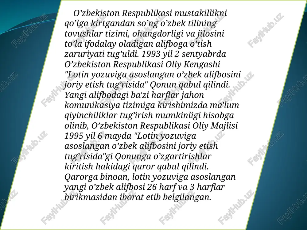 qo'llanadi. ayrim misollar: 1. o'zaro yaqin, shakldosh so'zlar yozuvda tutuq belgisi yordamida farqlab qo'llanadi: da'vo – davo, na'sha – nasha, she'r – sher, sur'at – surat, ta'qib – taqib kabi. etimologik yoki grafik tamoyil o'zlashgan so'zlarning qadimgi etimologik yoki grafik holatini saqlab qolish asosida yozish imloda etimologik yoki grafik tamoyil deyiladi. boshqacha qilib aytganda, yozuvda o'zlashma so'zning etimologiyasi saqlanadi. masalan, navoiy, lutfiy, moniy, mutolaa, mushoira, muammo kabi so'zlar ham shu tamoyil asosida yozilgan. orfografik belgilar--to‘g‘ri yozish normalarini ta’minlashda qo‘llanadigan maxsus noharfiy grafik vositalar. rus grafikasi asosidagi o‘zbek yozuvida bunday belgilarning bir turi (defis) mavjud: defis juft va takroriy so‘zlar orasiga qo‘yiladigan gorizontal (tiredan qisqaroq) chiziqchadir. masalan, erta-kech, katta-kichik, qop-qop, ko‘p-ko‘p kabi. izoh:5-sinf, 9-modda, 24-maktab kabi birikmalarda defis morfogramma (morfografema) vazifasida qo‘llanadi, chunki u bunday holatlarda tartib son tarkibidagi "-inchi" ("-nchi") morfemasini (ma’noli qismni) ifodalaydi. diakritik belgilar – harfga qo‘shimcha ravishda biriktirilib boshqacha tovushni ko‘rsatuvchi harf hosil qilishda qatnashadigan belgilar /docprops/thumbnail.jpeg
