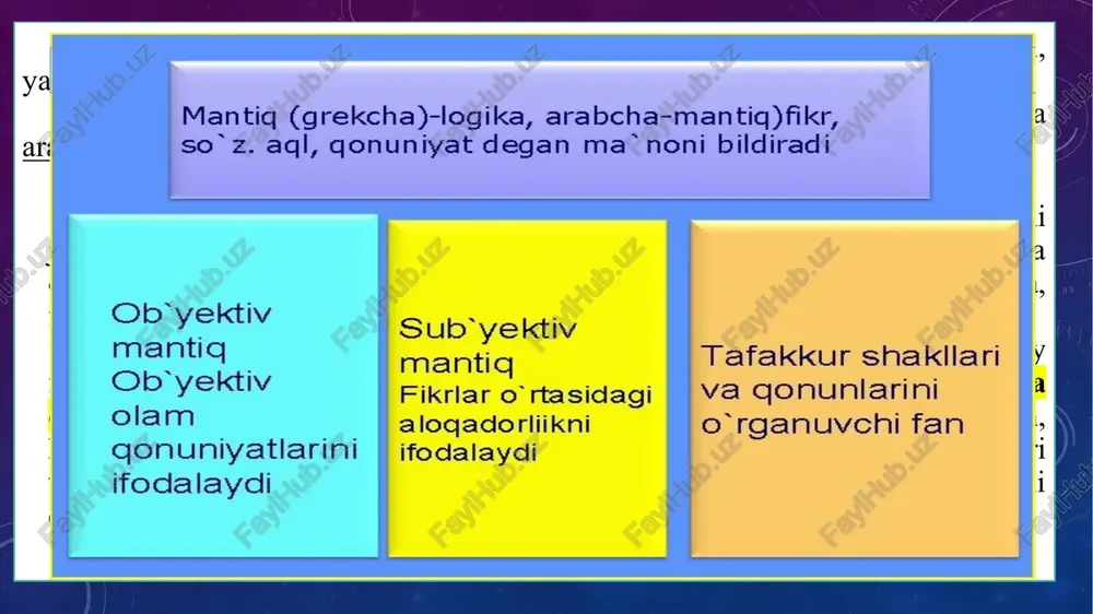 m tasavvuri bo’lishi mumkin. bunga misol qilib, hindistonda umuman bo’lmagan kishining u mamlakat haqidagi tasavvuri yoki fantast yozuvchining xayolan yaratgan obrazlarini keltirish mumkin. hissiy bilish shakllari insonning amaliy faoliyati jarayonida o’z-o’zini bilishi, anglashi darajasida yuzaga keladiki, ular mohiyatan bahoviy xarakterga egadir. agar hayvonlardagi sezgi, idrok, tasavvur qanchalik takomillashgan bo’lmasin, bajaradigan funksiyalari ularning faqat yashashi uchun kurashiga qaratilgan bo’ladi. insondagi hissiy bilish esa uning mushohadasi bilan yo’g’rilgan bo’lib, uning axloqiy, estetik tuyg’ularini ham ifodalaydi. bunday tuyg’ular go’zallik, ezgulik kabi mezoniy, tushunchalarning mazmunini tashkil etuvchi muhim jihatlar hisoblanadi. demak, hissiy bilish- bu bevosita bilish bo’lib, bunda obyektning tashqi, zohiriy tomonlari aks etadi. o’rganilayottan obyektning mohiyati esa aqliy bilish (tafakkur) orqali bilib olinadi. aqliy bilishning bunday xususiyati quyidagilar bilan izohlanadi: 1.tafakkur voqyelikning inson miyasida umumlashgan, vositali in’ikosidir. umumlashtirish - bu predmet, hodisalarni eng muhim belgilariga ko’ra muayyan jinslarga birlashtirish va ularni nomlarda ifodalashdir. masalan, biz «uy» tushunchasida uning muhim belgilari (kishilarning umrguzaronligi, oila …