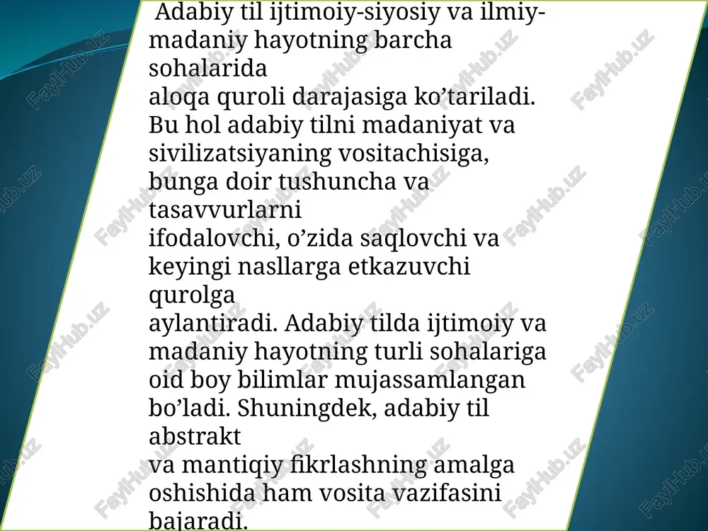 rtikulyatsiya; 3. diksiya; 4. ovoz; 5. orfoepiya uslubiyat tilshunoslik fanining bir bo`limi bo`lib, nutq jarayonida til hodisalarining maqsadga, sharoitga va muhitga mos ravishda foydalanish qonuniyatlari bilan tanishtiradi. uslubiyatda uslublar, til vositalarining nutqda qo`llanish yo`llari, lug`aviy, frazeologik va grammatik birliklarning qo`llanish xususiyatlari o`rganiladi. adabiy tilning ijtimoiy hayotdagi ma`lum bir sohada qo`llanadigan, bir qancha o`ziga xos xususiyatlarga ega bo`lgan ko`rinishi adabiy til uslubi deyiladi. uslub orqali so`zlovchi shaxs narsalarga, voqealarga shaxsiy munosabatini aks ettiradi. adabiy tilning ijtimoiy hayotning ma’lum sohasi doirasida qo‘llaniladigan ko‘rinishi nutq uslublari deyiladi. nutq uslublari quyidagilar: og‘zaki so‘zlashuv uslubi rublisistik uslub badiiy uslub rasmiy-idoraviy uslub ilmiy uslub 1. so`zlashuv uslubi. uyda, ko`chada, insonlarning o`zaro so`zlashuvida qo`llanadigan uslub so`zlashuv uslubi deb ataladi. bu uslubning adabiy til me`yorlariga rioya qiladigan ko`rinishi adabiy so`zlashuv uslubi deb yuritilsa, bunday me`yorlariga rioya qilinmaydigan ko`rinishi oddiy so`zlashuv uslubi deb ataladi. so`zlashuv uslubidagi nutq ko`pincha dialogik shaklda bo`ladi. ikki yoki undan ortiq shaxsning luqmasidan tuzilgan nutq …