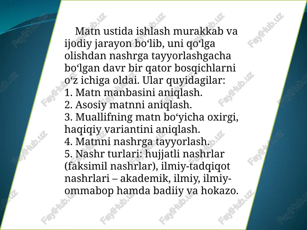 ning fragmentlari. 7. matn - mazmunan ketma-ketlik xarakteriga ega bo'lgan bir necha nisbiy mustaqil sodda yoki qo'shma gaplar yigindisi ko'rinadiki, matn tushunchasi juda keng ma'noni qamrab oladi. matnning bu ikki ko'rinishi ba'zan hajm jihatidan teng kelib qolishi xam mumkin. masalan, kichik hajmdagi qisqa hikoya yoki she'r, gazeta maqolalari (ob-havo ma'lumoti, e'lon kabi) bitta mikromatn - supersintaktik butunlikdan iborat bo’lishi mumkin. matn bo’lishi uchun komponentlar orasida semantik va grammatik bog’lanish b¢lishi shart. /docprops/thumbnail.jpeg