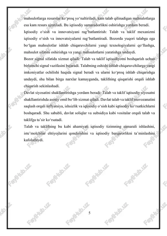 ulotlarga ko‘proq resurslar jalb qilinadi, bu esa ishlab chiqaruvchilarni resurslarni qaysi sohalarga yo‘naltirish kerakligi haqida qaror qabul qilishga undaydi. shu tariqa talab bozor muvozanatini saqlab qolish uchun resurslarni optimal taqsimlaydi. · bozor signal sifatida xizmat qiladi: talab iqtisodiy ishtirokchilarga mahsulot va xizmatlar bo‘yicha ma’lumotlar beradi. talabning oshishi yoki kamayishi iste’molchilarning ehtiyoj va xohishlarini bildiruvchi signal hisoblanadi. bu esa ishlab chiqaruvchilarga ishlab chiqarishni oshirish yoki qisqartirish, yangi mahsulotlarni yaratish va bozorga chiqish qarorini qabul qilishga yordam beradi. · ishlab chiqarishni rivojlantirishga turtki beradi: talab bozor mexanizmi orqali ishlab chiqaruvchilarga innovatsiyalar kiritish va mahsulot sifatini oshirishga rag‘batlantiradi. yuqori talab mahsulotni yaxshilash va ishlab chiqarish texnologiyalarini modernizatsiya qilishni talab qiladi, bu esa umumiy iqtisodiy o‘sishga olib keladi. · iqtisodiy siyosatni shakllantirishda yordam beradi:talab davlat iqtisodiy siyosatini shakllantirishda muhim ahamiyat kasb etadi. davlat talabning o‘sishi yoki kamayishini tahlil qilib, narxlar barqarorligini saqlash, ishsizlik darajasini boshqarish va iqtisodiy o‘sishni rag‘batlantirish bo‘yicha choralar ko‘radi. · iqtisodiy …
