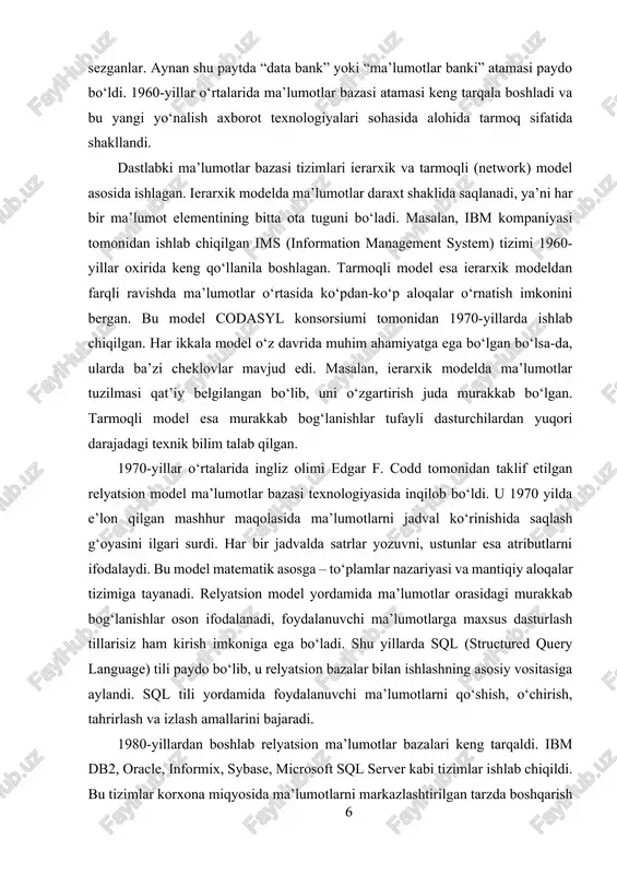 maqolasida ma’lumotlarni jadval ko‘rinishida saqlash g‘oyasini ilgari surdi. har bir jadvalda satrlar yozuvni, ustunlar esa atributlarni ifodalaydi. bu model matematik asosga – to‘plamlar nazariyasi va mantiqiy aloqalar tizimiga tayanadi. relyatsion model yordamida ma’lumotlar orasidagi murakkab bog‘lanishlar oson ifodalanadi, foydalanuvchi ma’lumotlarga maxsus dasturlash tillarisiz ham kirish imkoniga ega bo‘ladi. shu yillarda sql (structured query language) tili paydo bo‘lib, u relyatsion bazalar bilan ishlashning asosiy vositasiga aylandi. sql tili yordamida foydalanuvchi ma’lumotlarni qo‘shish, o‘chirish, tahrirlash va izlash amallarini bajaradi. 1980-yillardan boshlab relyatsion ma’lumotlar bazalari keng tarqaldi. ibm db2, oracle, informix, sybase, microsoft sql server kabi tizimlar ishlab chiqildi. bu tizimlar korxona miqyosida ma’lumotlarni markazlashtirilgan tarzda boshqarish imkonini berdi. shu davrda ma’lumotlar bazasini boshqarish tizimi (dbms – database management system) degan atama mustahkam o‘rnashdi. dbms foydalanuvchi va ma’lumotlar o‘rtasidagi vositachi bo‘lib, ma’lumotlar yaxlitligini saqlaydi, ularga kirish xavfsizligini ta’minlaydi va ko‘p foydalanuvchilik muhitida muvofiqlashtirishni amalga oshiradi. 1990-yillar boshida obyektga yo‘naltirilgan dasturlash g‘oyalarining rivojlanishi natijasida …