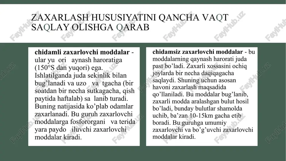 chadi. ipritdan zaxarlanganda organizmga zaharli moddaning qaysi yo’l bilan kirishidan qat’iy nazar, namoyon bo’ladigan patologik jarayonga barcha a’zolar va sistemalar jalb qilinadi. terining zararlanishi 5 bosqichda o’tadi. teri zararlanishining bosqichlari yashirin davr bu zaxar organizmga tushgan vaqtdan zaxarlanishning birinchi alomatlari paydo bo’lgungacha vaqt oralig’i. bu davrda zaxarlovchi moddalar ta’sirining zararlanuv alomatlari subyektiv ko’rinmaydi. eritemali bosqich - (o’rtacha 4-6 soatdan so’ng) bu turdagi zararlanishda ipritning juda past kontsentratsiyasi yoki bug’lari teriga ta’sir etganda paydo bo’ladi. yashirin vaqtdan so’ng terida och-pushti rangli, chegarasi noaniq eritematoz dog’lar paydo bo’ladi. vezikulez-pufakchali bosqich teriga iprit tushgandan 6-12 soat o’tgach, terining zararlangan sohasi aniq chegaralanadi. eritema atrofida rangsiz seroz suyuqlik bilan to’lgan mayda vezikulalar (pufakchalar) paydo bo’ladi. pufakchalar zararlangan teri sohasini qamrab olib, “ipritli marjon” ni hosil qiladi. keyinchalik pufakchalar kattalashib, o’zaro qo’shilishib ketadi va yirik pufakchalarni hosil kiladi. zararlanganlar teri tortishishi, simillovchi og’riq hamda pufaklar atrofida qattiq qichishish sezadi. 4-6 kundan so’ng pufakchalar yorilib ularning …