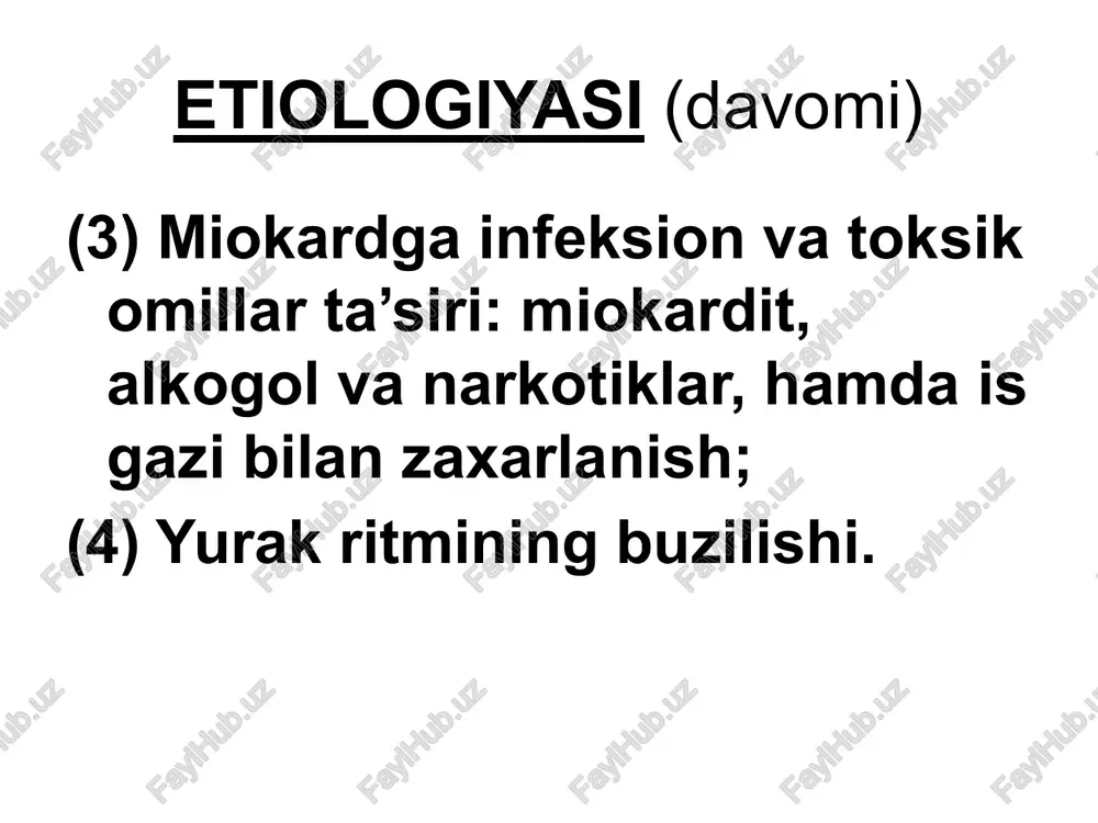 alligi va h.k. 3. patogenezi syue rivojlanishi miokardning metabolik jarayonlari (elektrolitlar va gemodinamik buzilishlar) bilan bog’liq. miokard zararlanishi chap qorincha yetishmovchiligi oqibatida o’pka venasi bosimi oshishiga, o’ng qorincha yetishmovchiligida esa katta qon aylanish doirasida bosimning oshishi natijasida ichki a’zolarning qon bilan to’lishi ko’payadi, buyrakda qon aylanishi kamayadi va shish rivojlanadi. 4. klinik ko’rinishi yurakning chap yoki o’ng qorincha yetishmovchiligi ustunligiga bog’liq. (1) surunkali chap qorincha yetishmovchiligi – o’pkada vena dimlanishi bilan ifodalanadi. (2) surunkali o’ng qorincha yetishmovchiligi – asosan katta qon aylanish doirasi venalarida dimlanish rivojlanishi bilan ifodalanadi. (3) yurakning surunkali total yetishmovchiligi – katta va kichik qon aylanish doirasi tomirlarida dimlanish belgilari bilan ifodalanadi. ko’pincha oyoqda trofik va yotoq yaralari rivojlanadi. bemor “ortopnoe” holatida. o’ng qorincha yetishmovchiligida kuzatiladigan oyoqdagi shishlar va terining trofik o’zgarishi. a) chap qorincha dilyatasiyasi natijasida chegara chapga siljigan. b) o’ng qorincha dilyatasiyasi natijasida epigastral pulsasiya aniqlanadi. v) o’ng qorincha rivojlangan dilyatasiyasi natijasida chegara o’pka gipertenziyasida …