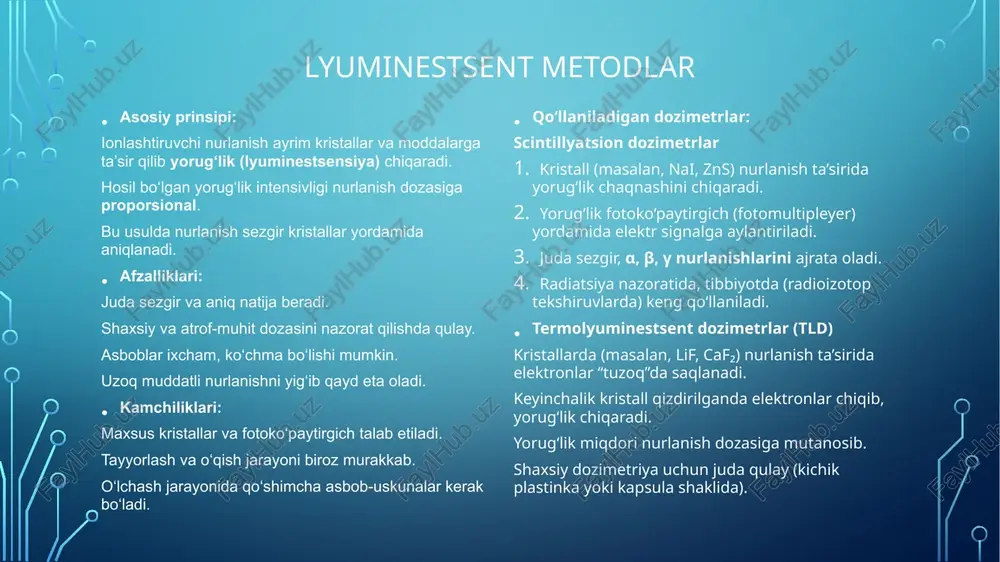 ⃣ ionlash kameralar ishlash prinsipi: nurlanish havo yoki gazni ionlashtiradi, hosil bo‘lgan ionlar miqdori elektr signali sifatida qayd etiladi. afzalligi: aniq va ishonchli o‘lchov beradi. qo‘llanilishi: tibbiyotda, radiologiya laboratoriyalarida, radiatsiya xavfsizligi nazoratida. 2️⃣ geiger–müller hisoblagichi ishlash prinsipi: nurlanish gazni kuchli ionlashtiradi va elektr razryad hosil qiladi. har bir zarracha “tovush” yoki impuls sifatida hisoblanadi. afzalligi: juda sezgir, kichik miqdordagi radiatsiyani ham aniqlaydi. kamchiligi: faqat zarracha sonini sanaydi, energiyasini ko‘rsatmaydi. 3️⃣scintillyatsion dozimetrlar ishlash prinsipi: nurlanish maxsus kristall yoki suyuqlikda yorug‘lik chaqnashlari (scintillyatsiya) hosil qiladi. bu yorug‘lik fotoko‘paytirgich yordamida elektr signali sifatida qayd qilinadi. afzalligi: yuqori sezuvchanlik, nurlanish turini aniqlash imkoniyati. qo‘llanilishi: ilmiy tadqiqotlarda, yadro tibbiyotida. 4️⃣ termolyuminestsent dozimetrlar (tld) ishlash prinsipi: kristall modda nurlanishni yutib oladi, qizdirilganda uni yorug‘lik nurlari sifatida chiqaradi. afzalligi: qayta ishlatish mumkin, juda kichik dozalarni ham o‘lchaydi. qo‘llanilishi: shaxsiy himoya vositalari sifatida, tibbiyot va atom sanoatida. 5️⃣ kimyoviy dozimetrlar ishlash prinsipi: nurlanish kimyoviy eritmada o‘zgarish keltirib chiqaradi …