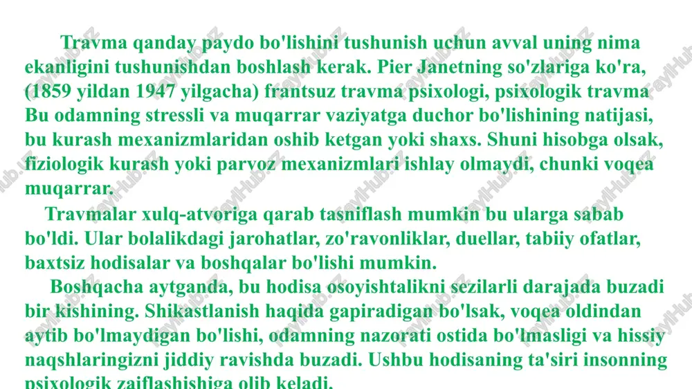 maviy ta'sir qilish natijasida, ko'plab psixologik adabiyot o'quvchilarida travma stress haqida ma'lumotlarni shakillantirib borishimiz mumkin. ota-onalar bizning rivojlanishimizda hal qiluvchi rol o'ynaydi, ota-onalar bizning tarbiyamiz uchun mas'uldirlar, lekin ular bizning hozirgi ahvolimiz uchun javobgar emaslar. bugun men allaqachon voyaga etganman va men bilan nima sodir bo'lishi allaqachon mening zimmamda. ana shu mas’uliyatni o‘z zimmasiga olgan holdagina inson kamolga yetadi. biz psixotravmalarga moyil bo'lgan, shunday turmush tarzini olib boradigan va shunday moyilliklarga ega bo'lgan odamlar borligiga rozi bo'lishimiz mumkinki, yo'q albatta, qanday chora tadbirlar ko'rish kerak bo'lsa imkon darajasida barchasidan foydalanmog'imiz zarurdir albatta! 02 foydalanilgan adabiyotlar: uz.healhty-food-near-me.com https://uz.tierient.com https://mentalhtytx.org https://uz.m.wikipedia.org e'tiboringiz uchun rahmat! image2.jpeg image3.jpeg image1.png