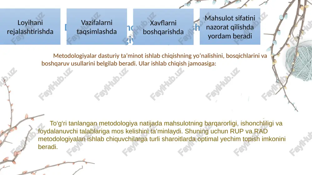 texnik xizmatni yengillashtiradi. uml diagrammalar asosida aniq vizual model yaratiladi. kamchiliklari murakkab tuzilma: kichik jamoalar uchun rup ortiqcha byurokratik bo‘lishi mumkin. ko‘p vaqt va resurs talab etadi: barcha bosqichlar to‘liq hujjatlashtirilganligi sababli jarayon sekinlashadi. yuqori malakali mutaxassislar zarur: rupni to‘g‘ri qo‘llash uchun tajribali loyiha menejerlari va tahlilchilar kerak. rupning afzalliklari va kamchiliklari tezkor ishlab chiqish foydalanuvchi bilan faol aloqa moslashuvchanli sifatli yakuniy mahsulot: kichik jamoa bilan ham ishlash mumkin yirik loyihalar uchun yetarli darajada barqaror emas. kam hujjatlashtirish sababli keyingi texnik xizmat ko‘rsatish qiyinlashadi. foydalanuvchining faol ishtiroki bo‘lmasa, natija sifatsiz bo‘lishi mumkin. 04 rup va rad metodologiyalarining taqqoslanishi va amaliy qo‘llanilishi ikki metodologiyaning o‘xshash va farqli jihatlari rup (rational unified process) va rad (rapid application development) — ikkalasi ham iterativ yondashuvga asoslangan bo‘lib, dasturiy ta’minotni tez va sifatli ishlab chiqishga qaratilgan. ularning o‘xshash jihatlari: foydalanuvchi ishtiroki, bosqichma-bosqich ishlab chiqish, sinov va takomillashtirish jarayonlarining iterativligi. rup ko‘proq yirik, murakkab tizimlar uchun …