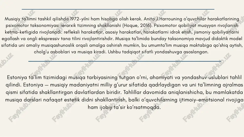 akllangan. tadqiqot natijalari ko‘rsatadiki, musiqa ta’limi nafaqat o‘quvchilarning estetik didini rivojlantiradi, balki ularning ijtimoiy va psixologik jihatdan barqarorligini ta’minlashda muhim rol o‘ynaydi. estoniya xalq ta’limi vazirligi 2020–2023-yillardagi statistik ma’lumotlariga asoslanib, musiqiy faoliyatda ishtirok etayotgan o‘quvchilarning 80% dan ortig‘i o‘zini yanada ijodkor, ijtimoiy faollikka tayyor va o‘ziga ishongan shaxs deb hisoblashini qayd etdi. metodik jihatdan, estoniya ta’lim tizimida dalcroze, kodaly va orff kabi ilg‘or pedagogik yondashuvlarning keng tatbiq etilishi o‘quvchilarning musiqiy qobiliyatlarini har tomonlama rivojlantirishga xizmat qiladi. bu metodikalar orqali musiqa nafaqat san’at shakli, balki fikrlash va his-tuyg‘ularni ifoda etish vositasi sifatida qo‘llanilmoqda.