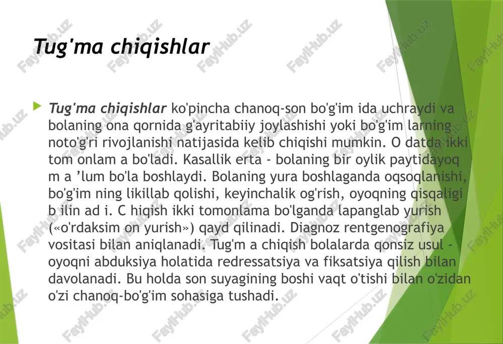 qattiq bosadi va shu vaqtning o'zida son suyagini bir oz tashqari tom onga bukadi. o datda shu paytda xarakterli shiqillagan tovush eshitilib, chiqqan suyak o‘z o‘rniga tushadi. k o ‘rsatib o‘tilgan usullar boshqa bo‘g‘imlarda chiqish yuz berganda ham qo‘llaniladi. chiqqan suyak o‘z o‘rniga solinishi bilanoq qilingan kontrol rentgen surati davolashning to‘g‘ri yoki noto‘g‘ri qilingani, shu bilan bir qatorda boshqa xil zararlanishlar (suyak bir qismining ko'chishi, suyak: sinishi va b.) borligini aniqlashga yordam beradi. chiqqan suyak o‘z o‘rniga solingan oyoq yoki qo‘l qulay funksional vaziyatda 12-16 kungacha bog'lam bilan yoki boshqa usulda tortib qo'yiladi. keyinchalik davolash-fizkultura mashqlarining kompleksi muntazam bajarib turiladi. ko'pincha yelka suyagi solingandan so'ng dezo bog'lami qo'llaniladi pastki jag' suyagini solish uchun shifokor o'tirgan bemor qarshisida turadi va barmoqlarini bemor og'ziga tiqadi. barmoqlar ikkala tomonda jag' tishlar ustida bo'lishi kerak, so'ngra bosh barmoqlar bilan pastki jag' pastga kuch bilan bosilib, shu onda boshqa barmoqlar yordamida bemor iyagi yuqoriga ko'tariladi. …