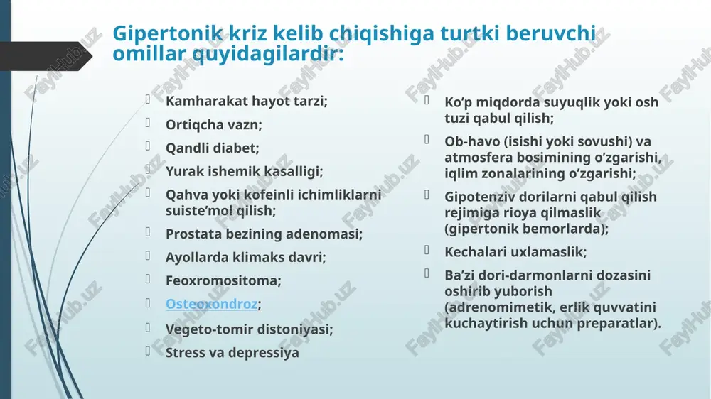 hi mumkinligini yodda tutish kerak. bunday preparatlarni uy sharoitida, mustaqil qabul qilish fojiali oqibatlarga olib kelishi mumkin. gipertonik kriz paytida tinchlanish uchun validol tabletkasini, korvalol yoki valokardin tomchilarini, valeriana damlamasini qabul qilish kerak. bundan tashqari, bemor nafasni me’yorga keltirishi, uni bir tekis qilishi kerak. buning uchun, bir necha marta chuqur nafas olib chiqarish lozim. yordam ko’rsatishning boshqa usullari gipertonik krizda yotgan holatni egallash kerak. yurish va ba’zi jismoniy harakatlar qilinishi mumkin emas. ensaga sovuq kompress qo’llanilishi mumkin. bunday vaziyatda bemorga suyuqlik ichish tavisya etilmaydi, chunki suv qayt qilishga olib kelishi, u esa o’z navbatida qon bosimining yanada oshishiga olib kelishi mumkin. bundan tashqari, organizmdagi ortiqcha suyuqlik o’z-o’zidan bosimni oshiradi. agar bemorda nafas olishni qiyinlashitradigan tor yoki bo’yinni qisuvchi kiyim bo’lsa, ularni yechish yoki bo’yin atrofidagi tugmalarni bo’shatish kerak. bundan tashqari, xonaga toza havo kirishini ta’minlash kerak. agar bemorni varaja qiynayotgan bo’lsa, oyoqlarini issiq to’sham bilan o’rab qo’yish tavsiya etiladi. gipotonik …