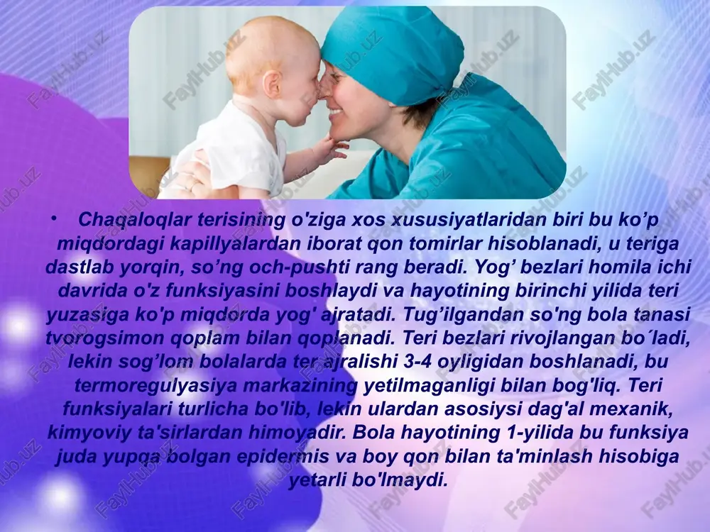 int reflekslarning paydo bo’lishini bildiradi. chaqaloqtug’ilgandan keyin bir necha haftadann so’ng qorachiqlari simmetrik bo’ladi va uning diametri 3 mmni tashkil qiladi. skleralari oq rangda bo’ladi.chala tug’ilganlarda skleralari juda yupqaligi sababli havo rangda bo’ladi. agar skleralari qoramtir-havo rangda bo’lsa, chaqaloqda yetilmagan osteogenez kuzatilishi mumkin.ko’pincha daun sindromida kamalak pardasida brashfild dog’lari aniqlanadi-qalampirli tuz sepilgan ko’rinishga ega bo’ladi. sub'konyuktival qon talashlar kon'yuktivalarning mayda qon tomirlarining zararlanganligidan dalolat beradi, sog’lom chaqaloqlarda tug’ruq jarohatining asorati bo’lishi mumkin.chaqaloq hayotining birinchi kunida gorizontal nistagm "botuvchi quyosh" simptomi kuzatiladi teri rangi: pletora (to’q-qizil, eritematoz) rangi ko’proq polisitemiya -giperoksiya (kislorod konsentrasiyasi normadan ortiq berilganda) kuzatiladigan va parvarishda ko’p isitib yuborilgan chaqaloqlarda uchraydi. sariqlik - sutka davomida qondagi bilirubin miqdori 85,5mkmol/ldan yuqori bo’lsa,chaqaloq uchun patologik sariqlik hisoblanadi, bunda chaqaloqlar gemolitik kasalligi, homila ichi infeksiyalari, sepsis rivojlanadi yoki fiziologik holat ham bo’lishi mumkin.teri rangining oqimtirligi-kamqonlik, tug’ruq vaqtidagi asfiksiya, shok yoki arterial yo’lakning shakllanishida kuzatiladi. chaqaloqlar ko’krak qafasi-bochkasimon shaklda bo’ladi. nafas olishi …