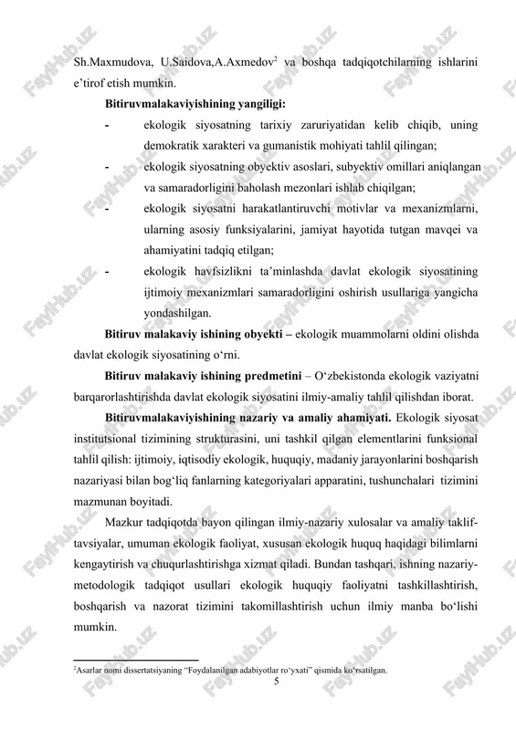 ratsional tashkil qilish va optimallashtirishga oid nazariy xulosa, metodologik tavsiyalar, takliflaridan ekologik siyosatga mutasaddi davlat va nodavlat tashkilotlari amaliy faoliyatlarini tashkil qilishda foydalanish mumkin. bitiruv malakaviy ishi – kirish, ikki bob, to‘rtta paragraf, xulosa, foydalanilgan adabiyotlar ro‘yxati va ilovadan iborat. i bob. globallashuv sharoitidaekologik siyosatining nazariy-metodologik asoslari. 1.2. hozirgi davrda ekologik siyosatning tarixiy zaruriyati, uning demokratik xarakteri va gumanistik mohiyati yangi ming yillikda keskinlashayotgan global muammolar yechimini topish zaruriyati, umuminsoniyat barqaror ekologik rivojlanishi strategiyasini belgilaydigan yangi modelini yaratishni kun tartibiga qo‘ymoqda. o‘zbekistonning irinchi prezidenti islom karimov bu haqda: “global ijtimoiy muammolar, jumladan ming yillik rivojlanish maqsadlari doirasida, “regionalizm orqali globalizm sari” formulasi bo‘yicha, samarali mintaqaviy mexanizmlar yaratish yo‘li bilan hal etilishi lozim”[footnoteref:4], deb ko‘rsatgan edi. [4: qarang: karimov i. “orol muammolari, ularning aholi genofondi, o‘simlik va hayvonot olamiga ta’siri hamda oqibatlarini yengillashtirish uchun xalqaro hamkorlik chora-tadbirlari” xalqaro konferensiya ishtirokchilariga tabrigi. mamlakatni modernizatsiya qilish va iqtisodiyotimizni barqaror rivojlantirish yo‘lida. t.16. –t.: …
