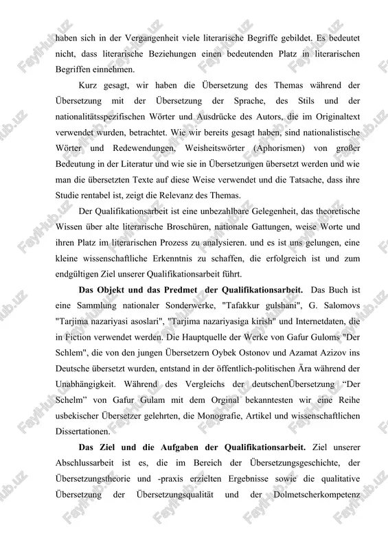 usbekischen volkes bei der übersetzung zu berücksichtigen. als wissenschaftliche neuheit können wir anerkennen, dass in dem wissen, das wir aus den übersetzungstheorien gelernt haben, die ursprünglichen worte des gegenwärtigen usbekischen volkes, die reden des autors, basierend auf theoretischer analyse. beim schreiben der qualifikationsarbeit wurden vergleiche und typologien verwendet, um beweise zu analysieren und zu klassifizieren. wissenschaftlicher und praktischer wichtigkeit der qualifikationsarbeit. aus den ergebnissen der qualifikationsarbeit wird empfohlen, ausgezeichnete lehrbücher und handbücher für die übersetzung von kunstwerken in sprachen zu erstellen, einschließlich der usbekischen sprache ins deutsche, der deutschen sprache ins usbekische, der organisation von spezialkursen und seminaren für junggesellen, der durchführung von praktischen übungen und des schreibens der qualifikationsarbeit sowie für lehrveranstaltungen zur theorie der übersetzung an hochschulen und zur erstellung von vorlesungstexten. der hauptinhalt der qualifikationsarbeit wurde in mehreren nationalen und lokalen publikationen veröffentlicht: g '. khojaev “olmon o’lkasida”, s. 289, sammlung übersetzungsartikl. verlag o’zbekiston adabiyoti va san’ati …