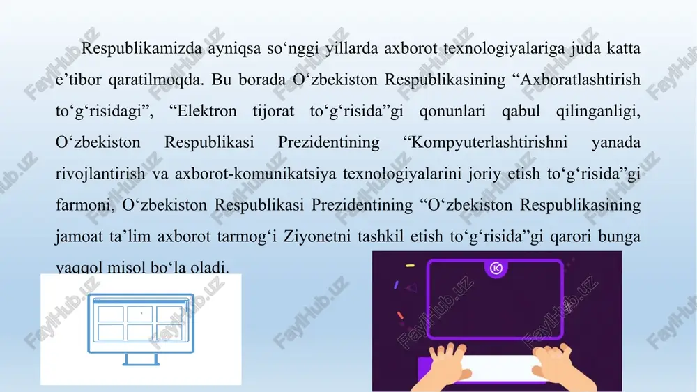 iste’mol buyumlariga sarflanadigan xarajatlardan ustunlik qilmoqda, ya’ni axborot texnologiyalari mavjud yangi texnologiyalar orasida yetakchi o'rinni egallamoqda. axborot texnologiyalari industriyasi majmuini kompyuter, aloqa tizimi, ma’lumotlar ombori, bilimlar ombori va u bilan boglik faoliyat soxalari tashkil kiladi. bugungi kunda axborot texnologiyasini shartli ravishda "saqlovchi, ratsionallashtiruvchi, yaratuvchi" turlarga ajratish mumkin. birinchi turdagi texnologiyalar mehnatni, moddiy resurslarni, vaqtni tejaydi. ratsionallashtiruvchi axborot texnologiyalariga chiptalar buyurtma qilish, mexmonxona xisob-kitoblari tizimlari misol bo’ladi. yaratuvchi (ijodiy) axborot taxnologiyalari axborotni ishlab chiqaradigan, undan foydalanadigan va insonni tarkibiy qism sifatida o'z ichiga oladigan tizimlardan iborat. axborot texnologiyalarining xozirgi zamon taraqqiyoti hamda yutuqlari fan va inson faoliyatining barcha soxalarini axborotlashtirish zarurligini ko’rsatmoqda. jamiyatni axborotlashtirish deganda, axborotdan iqtisodni rivojlantirish, mamlakat fan-texnika taraqqiyotini, jamiyatni demokratlashtirish va intellektuallashtirish jarayonlarini jadallashtirishni ta’minlaydigan jamiyat boyligi sifatida foydalanish tushuniladi. axborot tizimi boshqaruv xizmatlari xodimlariga axborotli xizmat ko‘rsatuvchi tizim sifatida axborotlarni jamlash axborotlarni saqlash axborotlarni ishlab chiqish axborotlarni uzatish kabi texnologik vazifalarni bajaradi boshqaruv uchun tizimlashtirilgan, oldindan tayyorlangan …