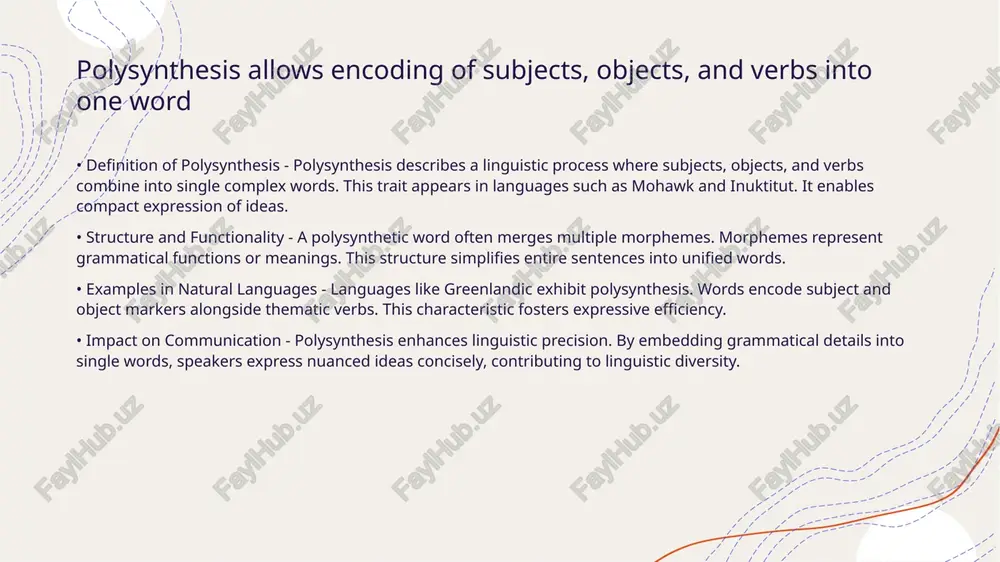 offering evidence of alternative approaches to grammatical representation. many polysynthetic languages are endangered and require preservation efforts • unique structure of polysynthetic languages - polysynthetic languages form words by combining numerous morphemes, expressing complex ideas in a single word. this structural richness reflects cultural and cognitive diversity, showing their linguistic importance in understanding human communication. • endangerment of polysynthetic languages - many indigenous polysynthetic languages face decline due to globalization and cultural assimilation. factors like lack of native speakers and limited intergenerational transmission threaten their survival and heritage. • preservation strategies - efforts to preserve endangered polysynthetic languages involve documentation, teaching programs, and community initiatives. revitalization projects aim to support language learning and daily use among speakers. • cultural and linguistic value - polysynthetic languages hold significant value in maintaining traditions, knowledge, and worldviews. their preservation is crucial for sustaining cultural identity and global linguistic diversity. language documentation supports the …