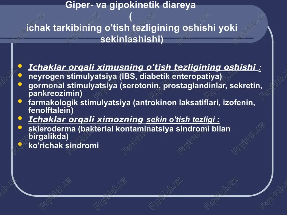 - its, gipovolemik shok ichak neoplazmalari tez-tez joylashgan joylar: to'g'ri ichak, sigmasimon va tushuvchi yo'g'on ichak intoksikatsiya yo'q diareyadan qon ketishining ustunligi sigmoidoskopiya ma'lumotlari endometrioz og'riq va ichakdan qon ketishi menstrüel tsikl bilan bog'liqlik irritabiy ichak sindromi noto'g'ri va anormal ichak harakatlari defekatsiyadan keyin yengillik diffuz qorin og'rig'i. meteorizm umumiy nevrologik alomatlar (migren, asteniya va boshqalar) bakterial tekshiruv vaqtida patogen mikrofloraning yo'qligi sigmoidoskopiyada qo'pol o'zgarishlarning yo'qligi koprogrammada yallig'lanish elementlarining yo'qligi tekshirish algoritmi koprogramma najasni bakteriologik tekshirish (qusish, oshqozonni yuvish, qon, siydik) serologik tadqiqotlar sigmoidoskopiya irrigoskopiya kolonoskopiya najas mikroskopiyasi gelmint tuxumlari leykotsitlar epiteliya qon shilliq hazm qilinmagan ximus parchalari leykotsitlar, koprogrammadagi epiteliy shigelloz salmonellalar yersinioz escherichiosis o157 amyobiaz antibiotik bilan bog'liq diareya uc crohn kasalligi koprogrammadagi o'zlashtirilmagan ximus komponentlari shigelloz, salmonellyoz, pti, yersinioz, escherixiozning gastroenterik variantlari giardiaz yuqumli bo'lmagan diareya (pankreatit, çölyak enteropatiyasi, malabsorbtsiya sindromi, rezektsiyadan keyingi sindromlar, disaxaridaza etishmovchiligi va boshqalar) najas mikroskopiyasi yordamida tashxisni tasdiqlash gelmint tuxumlari (enterobiaz, askarioz, …