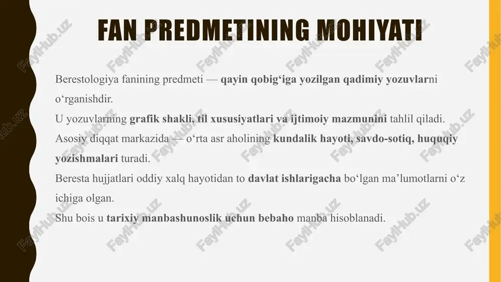 ogik qazishmalar davomida topiladi. ularning joylashgan qatlam chuqurligi va konteksti xronologiyani aniqlashga yordam beradi. har bir topilma o‘sha hududning tarixiy bosqichini yorituvchi dalil hisoblanadi. shu sababli berestologiya arxeologiyaning tabiiy davomi sanaladi. lingvistika bilan bog‘liqligi beresta yozuvlari eski rus tilining rivojlanish bosqichlarini o‘rganishda asosiy manba. ular orqali fonetika, morfologiya va leksika tizimi tahlil qilinadi. tildagi o‘zgarishlar, xalq dialektlari va yozuv an’analari haqida aniq ma’lumot beradi. shuning uchun berestologiya tilshunoslik fanida ham muhim o‘ringa ega. berestologiyaning zamonaviy tadqiqotlari hozirda berestalarni o‘rganishda 3d skanerlash, rentgen va infraqizil tahlil kabi ilg‘or usullar qo‘llaniladi. bu texnologiyalar yordamida ko‘rinmas yoki shikastlangan yozuvlar aniqlanmoqda. zamonaviy laboratoriyalar berestalarni raqamli modellar orqali tahlil qilmoqda. natijada o‘rta asr yozuvlari yanada to‘liq o‘rganilmoqda. berestologiya va tarixshunoslik berestologiya va tarixshunoslik berestologiya tarixshunoslikka yangi daliliy manbalarni olib kiradi. yangi topilmalar o‘rta asrlar ijtimoiy hayoti va yozishma madaniyatini yanada chuqur yoritadi. bu fan manbashunoslikni boyitadi va tarixiy jarayonlarga aniqroq ilmiy yondashuv yaratadi. shu sababli …