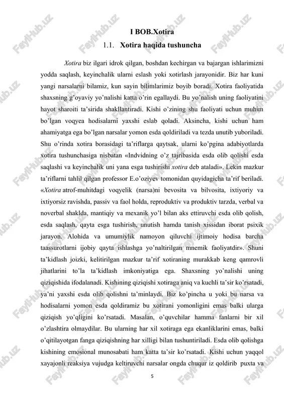 rq qilinadi. bu jarayonlar faoliyatda tarkib topadi va belgilanadi. ma’lum materialni esda olib qolish hayot faoliyati davomida individual, ya’ni shaxsiy tajribani turlash bilan bog’liqdir. to’plangan tajribadan keyingi faoliyatda foydalanish qayta esga tushirishni talab qiladi. ma’lum materialning faoliyatda qatnashmay qolishi yoddan chiqarishga olib keladi.esda olib qolish nerv tizimining miya egiluvchan, ya’ni o’zgaruvchanlik qo’zg’atuvchilar ta’sirida o’zida go’yo bir iz tarzda qoldirish, saqlash imkoniyati tufayli yuzaga keladi. har qanday insonning miyasi egiluvchanlik xususiyatiga ega bo’lib, uning darajasi har xil bo’ladi. shaxs xotirasining sifati miyaning faolligi va turli faoliyatga to’ђridan–to’ђri bog’liq ravishda rivojlanadi. atrofni o’rab olgan borliqni faol biluvchi kishi o’z miyasi faoliyatini to’xtovsiz kuchaytiradi. shu bilan birga uning egiluvchanlik darajasini oshiradi. miya egiluvchanligi vaqtincha pasayishiga xotira samarasining susayishiga ba’zi paytda odamning toliqishi sabab bo’ladi. dam oldgandan keyin yana tiklanadi. odatda miya egiluvchanligi yosh o’tishi bilan susayadi. masalan, keksa kishilar gaplaridan adashib ketadi, ilgari gapirganlari esdan chiqib o’sha gapni takrorlayveradilar. miya egiluvchanligining ko’rsatkichi bosh …