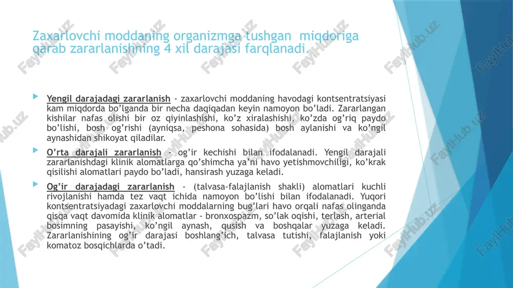 ’riq paydo bo’lib puls sekinlashadi va taranglashganligi aniqlanadi, ko’z qorachig’i kattalashib ketadi. yuz mushaklari tortishib, ba’zi mushaklarning tarangligi paydo bo’ladi, es-xushi xiralashadi, besaramjonlik paydo bo’ladi. talvasalar bosqichi - zararlangan odamning ahvoli keskin yomonlashib ketadi. ekzoftalm paydo bo’ladi, nafas olish sekinlashadi va aritmik tus oladi. butun tanada tonik va klonik tortishlar kuzatiladi, ko’z qorachigi kengayib, korneal reflekslar yo’qoladi, kishi xushidan ketadi. teri qavatlari va shilliq qavatlar och pushti rangga kiradi. bexosdan siydik ajralishi hamda defekatsiya kuzatiladi. bu bosqich bir necha daqiqadan bir necha soatgacha davom etishi mumkin. agar shu bosqichda tibbiy yordam ko’rsatilmasa tezda falajlanish bosqichiga o’tadi. falajlanish bosqichi - bunda asosiy belgi zaxarli moddaning markaziy nerv sistemasining yuqori bo’linmalarida zaxar ta’siri oqibatida nafas olish va yurak faoliyati to’xtashi mumkin. bunday zaxarlanganlarga tibbiy yordamni zaddi-zahar qo’llash orqali qisqa vaqt davomida ko’rsatish zarur. ko’pchilik zararlanganlar keyinchalik birinchi shifokor yordamni btyoda olishlariga to’g’ri keladi. jami zararlanganlar zudlik bilan o’choqdan chetga ko’chirilishga muhtoj, shu …