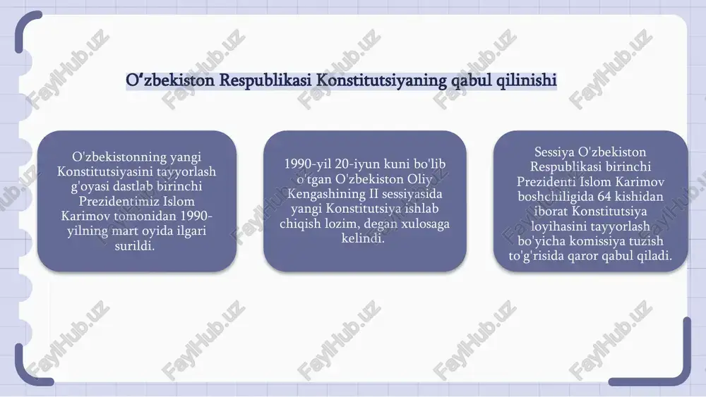 amaliyotga joriy etilishi konstitutsiyaning qabul qilinishi qonuniy baza yaratish bilan birga ularning amaliyotga tatbiq etilishini talab qildi. yangi konstitutsiyaviy normalarni qonunlar, subyektiv huquqiy aktlar va davlat organlarining tashkiliy choralari orqali amalga oshirish zarur edi. shu jarayon konstitutsiyaviy institutlarning samarali ishlashini taʼminlash, huquqiy ongni oshirish va fuqarolar bilan davlat orasida implementatsiya mexanizmlarini yaratishga qaratildi. 1 2 3 tarixiy ahmiyati va o'zgarishlar oʻzbekiston respublikasi konstitutsiyasi davlat suvereniteti va huquqiy tizimning muhim asosini tashkil qiladi, mamlakatning demokratik rivojlanishida katta rol o'ynaydi. tarixiy ahamiyatga ega bo‘lib, yangi ustuvor qadriyatlar va normalarni yoritadi, shuningdek, ijtimoiy barqarorlik va davlat mustahkamligini ta’minlaydi. o‘zgarishlar konstitutsiyaga yangi talablar va zamonaviy ehtiyojlarga javob berishga imkon yaratib, hukumatning samarali faoliyatini hamda fuqarolarning huquqlarini oshiradi. konstitutsiyaga kiritilgan o'zgarishlar o'zbekiston respublikasi konstitutsiyasiga hozirgi kunga qadar 14-marta o'zgartirish va qo'shimchalar kiritilgan. 1993-yil 28-dekabrda qabul qilingan qonun bilan konstitutsiyaning 77-moddasi 1-qismidagi 150 nafar deputatdan" degan so'zlar „deputatlardan" degan so'z bilan almashtirildi; 2002-yil 27-yanvarda o'tkazilgan umumxalq …