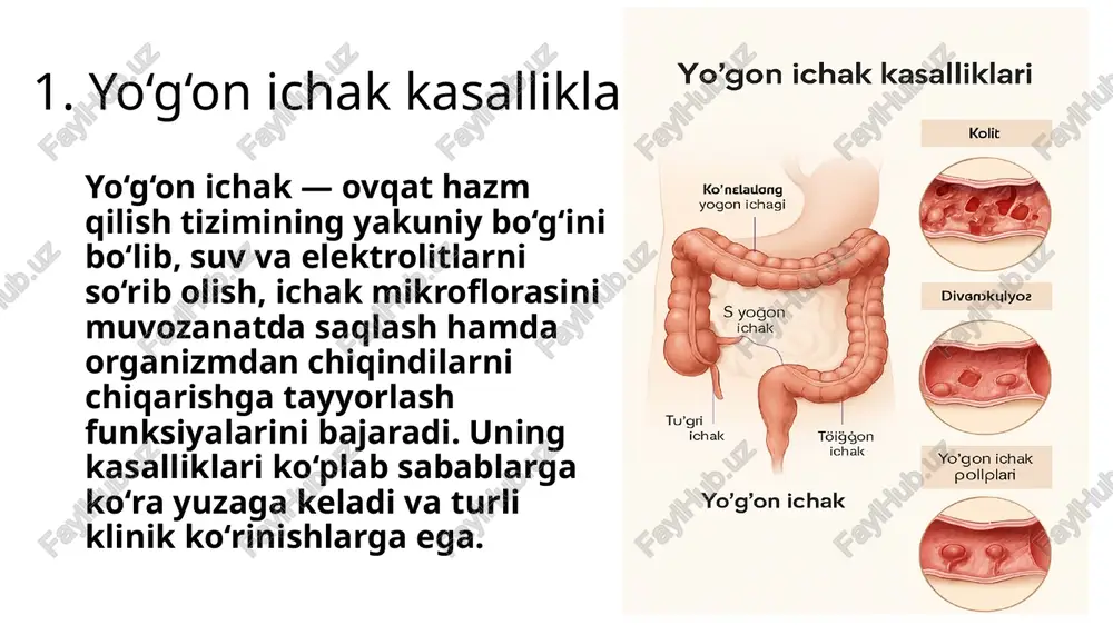) yondashuvlarga bo‘linadi. ba’zi hollarda kompleks yondashuv — ya’ni bir necha usulni birgalikda qo‘llash — eng samarali natija beradi. konservativ davolashda yallig‘lanishga qarshi preparatlar, spazmolitiklar, probiotiklar, gemorroyga qarshi vositalar, najasni yumshatuvchi dorilar va immunomodulyatorlar qo‘llaniladi. parhez terapiyasi muhim o‘rin tutadi: tolaga boy ovqatlar, ko‘p suyuqlik ichish, achchiq va yog‘li taomlardan voz kechish tavsiya etiladi. gigiyenik muolajalar, maxsus vannalar va fizioterapiya usullari ham simptomlarni kamaytirishga yordam beradi. jarrohlik davolash esa poliplarni olib tashlash, gemorroy tugunlarini bog‘lash yoki kesish, anal yoriqlarni tiklash, ichak obstruksiyasini bartaraf etish, o‘smalarni rezektsiya qilish kabi amaliyotlarni o‘z ichiga oladi. bunday muolajalar maxsus tayyorgarlik, anesteziya va reabilitatsiya davrini talab qiladi. onkologik holatlarda kimyoterapiya va radioterapiya ham qo‘llaniladi. reabilitatsiya bosqichi — davolashdan keyingi tiklanish jarayoni — bemorning sog‘lom turmush tarziga qaytishi, ichak faoliyatining normallashuvi va kasallikning qaytalanishining oldini olishda muhim ahamiyatga ega. bu bosqichda psixologik qo‘llab-quvvatlash, ovqatlanish nazorati va muntazam tibbiy ko‘riklar tavsiya etiladi. davolashning muvaffaqiyati bemorning o‘z sog‘lig‘iga …