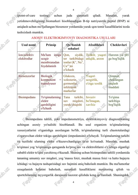 siga qaraganda ko'proq suv va elektrolitlarni o'z ichiga olganligi sababli elektr to'qini yaxshiroq o'tkazadi. shuning uchun bioimpedans tahlili yordamida tananing umumiy suv miqdori, yog 'massa foizi, mushak massa foizi va hatto hujayra ichidagi va hujayra tashqarisidagi suv hajmini aniq baholash mumkin. bu ma'lumotlar ozuqalanish holatini baholash, surunkali kasalliklarni monitoring qilish va sportchilarning tayyorgarlik darajasini nazorat qilishda keng qo'llaniladi. shuningdek, tor ma'noda, ko'krak qafasining bioimpedansini o'lchash orqali yurak chiqish hajmini va qon aylanish tezligini baholash mumkin, bu esa kardiologiyada qo'llaniladigan muhim usul hisoblanadi. elektrokimyoviy diagnostika usullari shuningdek, nevrologiya va miya faoliyatini o'rganishda ham o'z ahamiyatiga ega. elektroensefalografiya (eeg) miya hujayralari (neyronlar) faoliyati natijasida hosil bo'ladigan elektr potentsiallarini qayd etishga asoslangan. garchi bu to'g'ridan-to'g'ri kimyoviy o'lchov bo'lmasa-da, u neyronlarning elektrokimyoviy faolligining umumiy ko'rsatkichi hisoblanadi. elektrokimyoviy sensorlar miya suyuqligidagi neyrotransmitterlar, masalan, dopamin yoki serotonin kabi moddalarning konsentratsiyasini o'lchash orqali miyaning kimyo-fiziologik holatini to'g'ridan-to'g'ri baholash imkoniyatini o'rganmoqda. bu esa parkinson kasalligi, epilepsiya va depressiya …