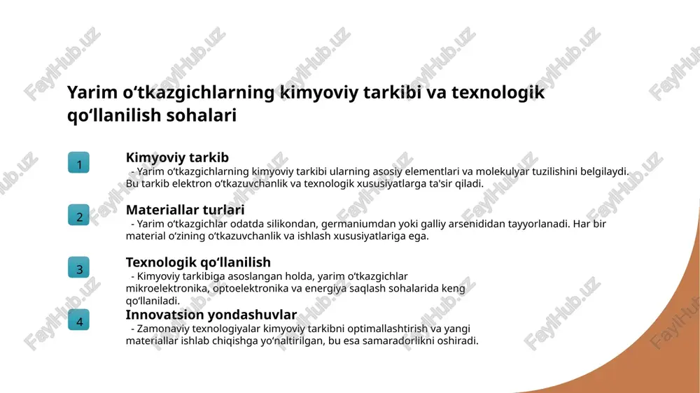 modda guruhlariga bo‘linishi yarim o'tkazgichlarning ishlab chiqarish jarayonlarini optimallashtiradi, keng sohalarda texnologik innovatsiyalar va samaradorlikni oshiradi. yangi materiallar va texnologiyalar energiya tejamkorligini oshiradi, sun'iy intellekt bilan integratsiya ishlab chiqarishni avtomatlashtirish va ekologik xavfsizlikni ta'minlaydi. foydalanilgan adabiyotlar 1. o‘zbekiston milliy universiteti. yarim oʻtkazgichlar kimyoviy tuzilishi va guruhlarga boʻlinishi. toshkent, 2018. 2. akmalov, d. yarim oʻtkazgichlarning moddalar guruhlari va xususiyatlari. oʻzbekiston fanlar akademiyasi matbuot xizmati, 2020. 3. toshkent davlat texnika universiteti. yarim oʻtkazgich texnologiyalari va amaliy qoʻllanilishi. toshkent, 2019. 4. nurmatov, s. yarim oʻtkazgichlarning kimyoviy strukturalari va guruhlarga boʻlinishi. “elektronika va texnologiya” jurnali, 2021, №3. 5. o‘zbekiston respublikasi moliya vazirligi. yarim oʻtkazgichlar va ularning moddalar guruhlari haqida ma'lumotlar. rivojlantirish va ilmiy tadqiqotlar bo‘limi matbuoti, 2022. e'tiboringiz uchun rahmat! /docprops/thumbnail.jpeg